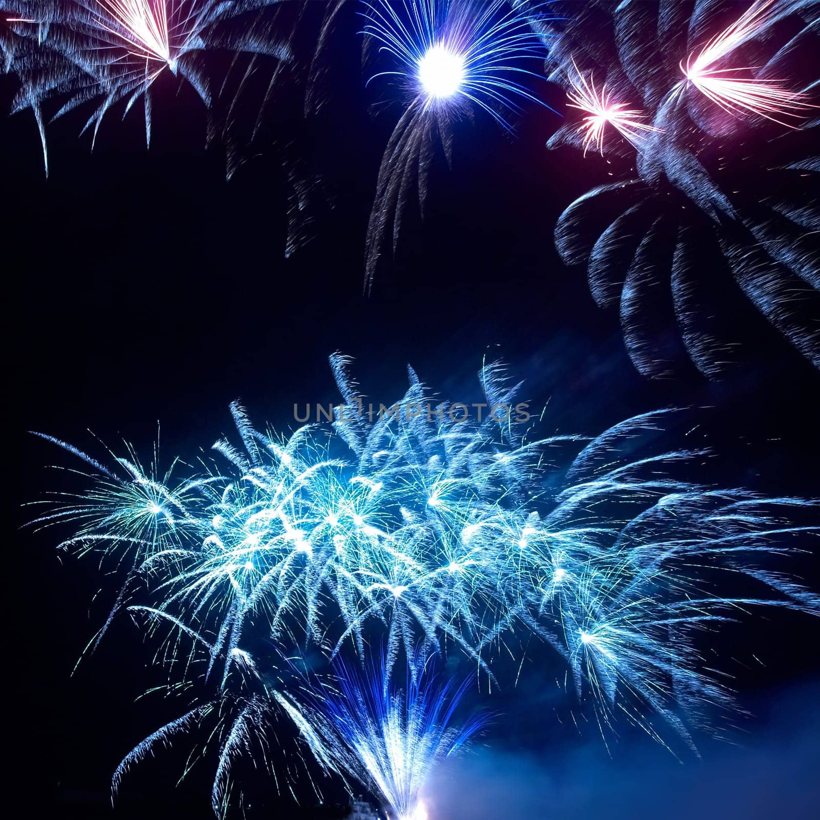 Colorful holiday fireworks on the black sky background.