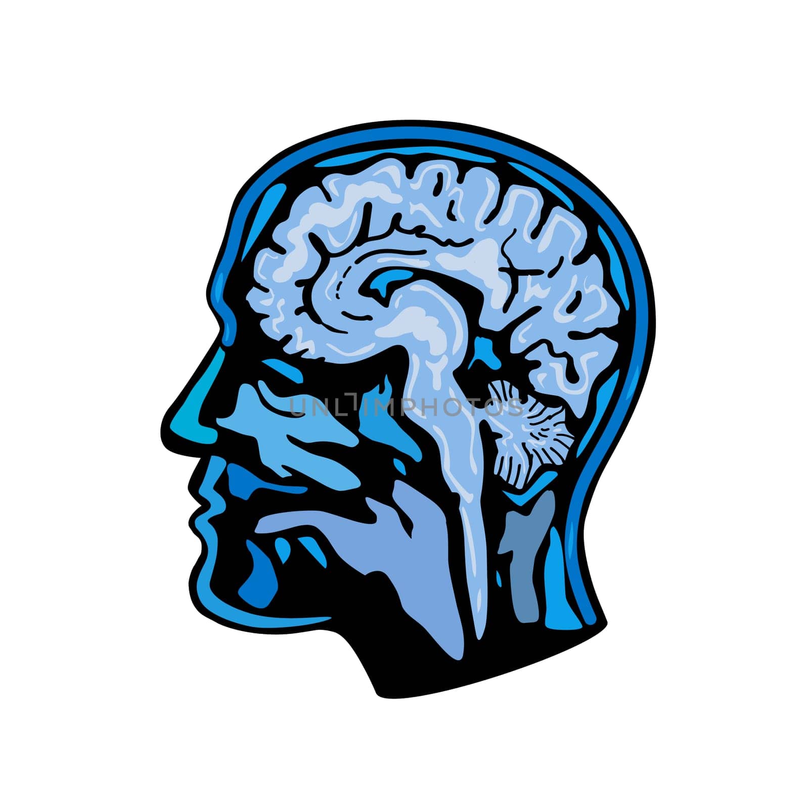 Retro style illustration of a  a brain scan or scanning, neuroimaging, brain imaging or computerised tomography scan viewed from side on isolated background.