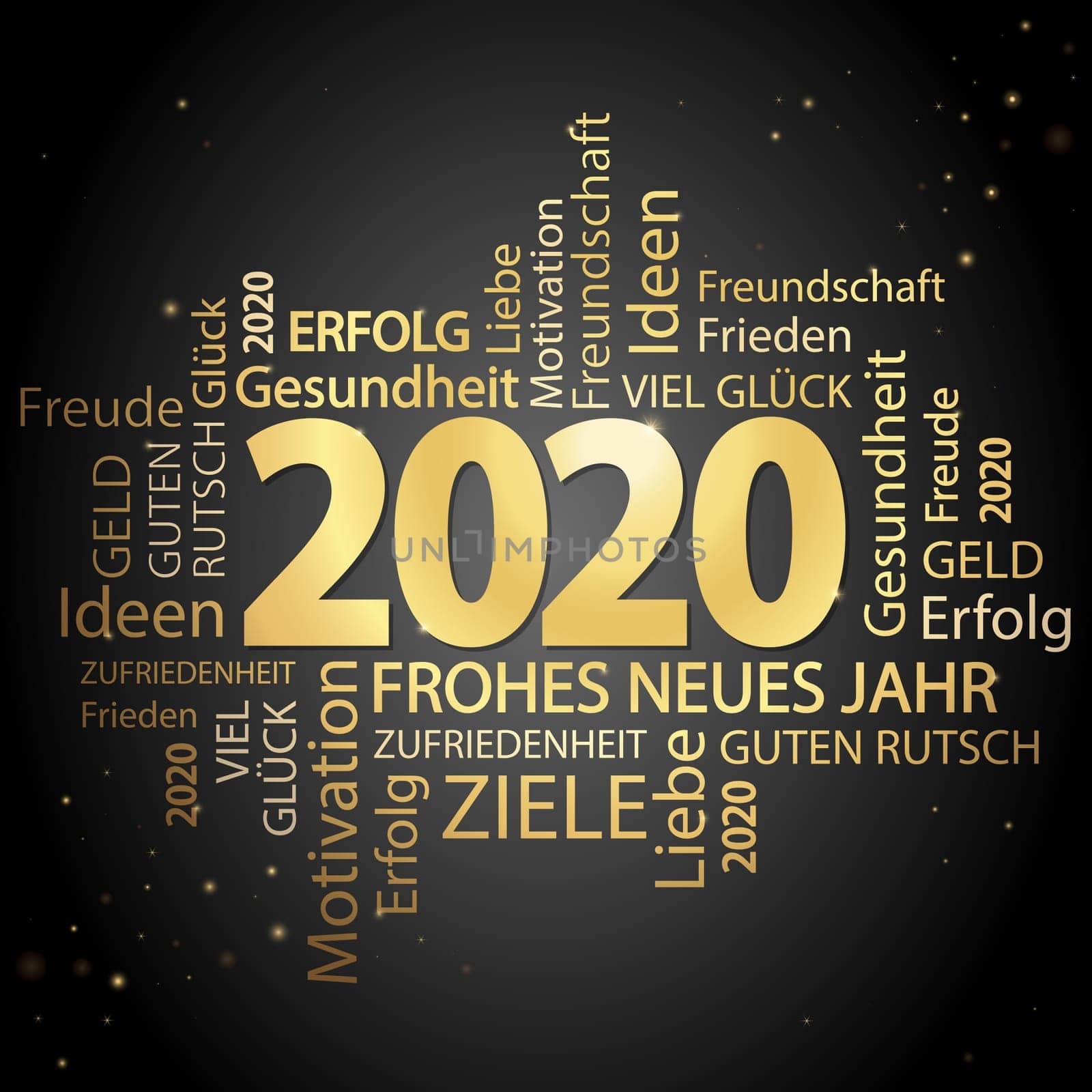 word cloud with new year 2020 greetings colored gold and black background