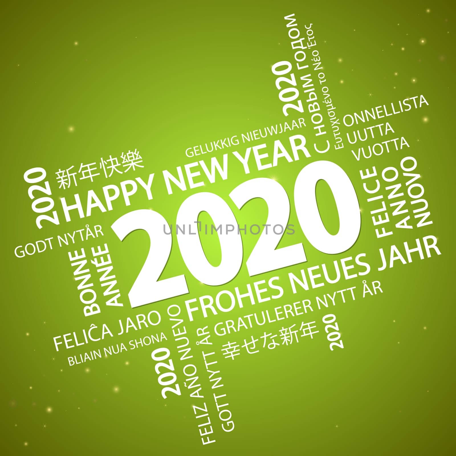 word cloud with new year 2020 greetings and green background