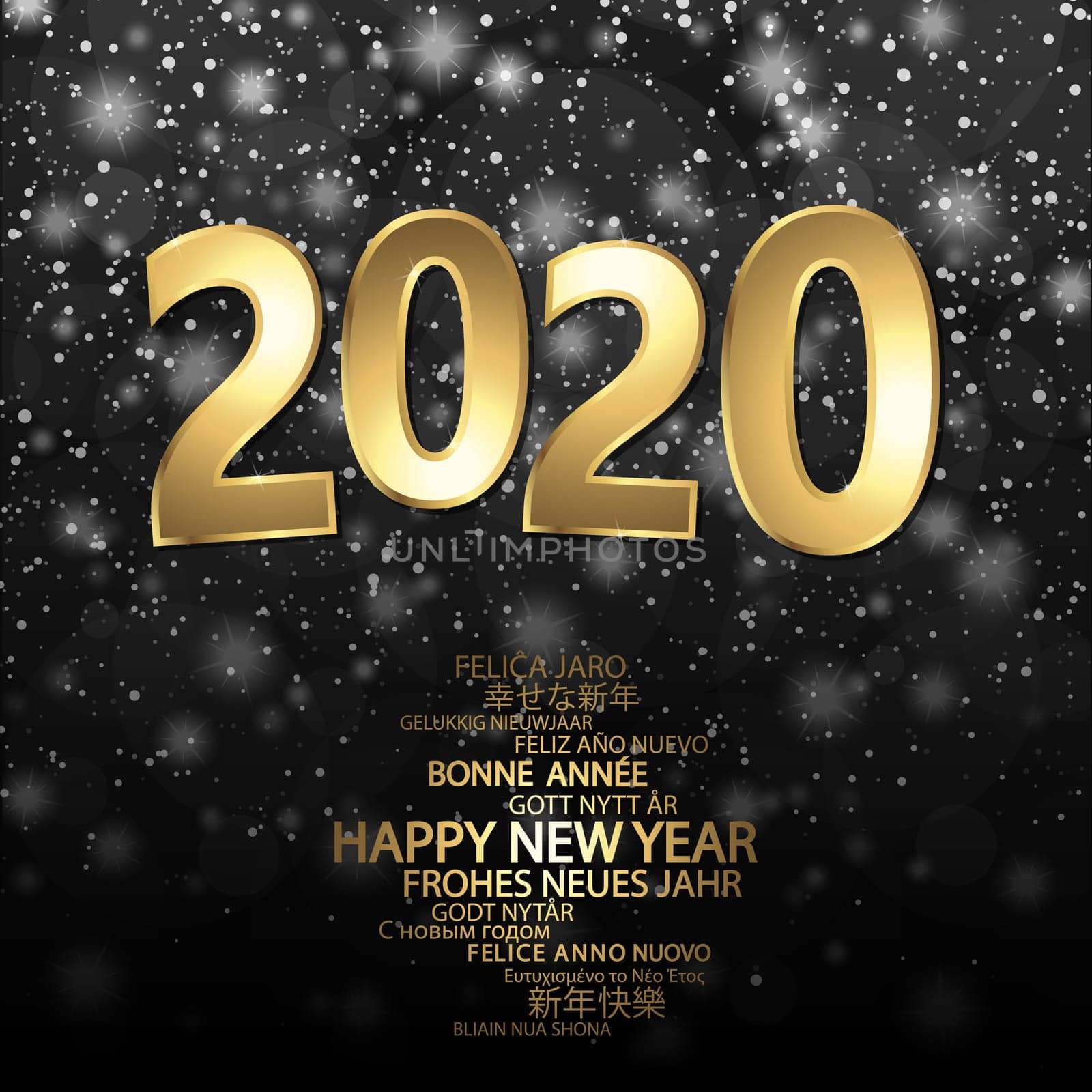 happy new year 2020 greetings with golden numbers and black background