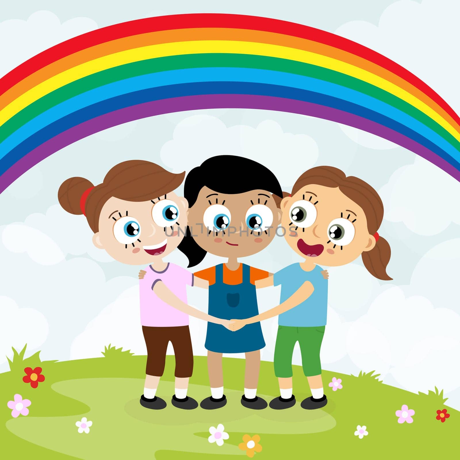 EPS10 vector file showing happy young girls with different skin colors, laughing, hug each other and having fun together with summer background