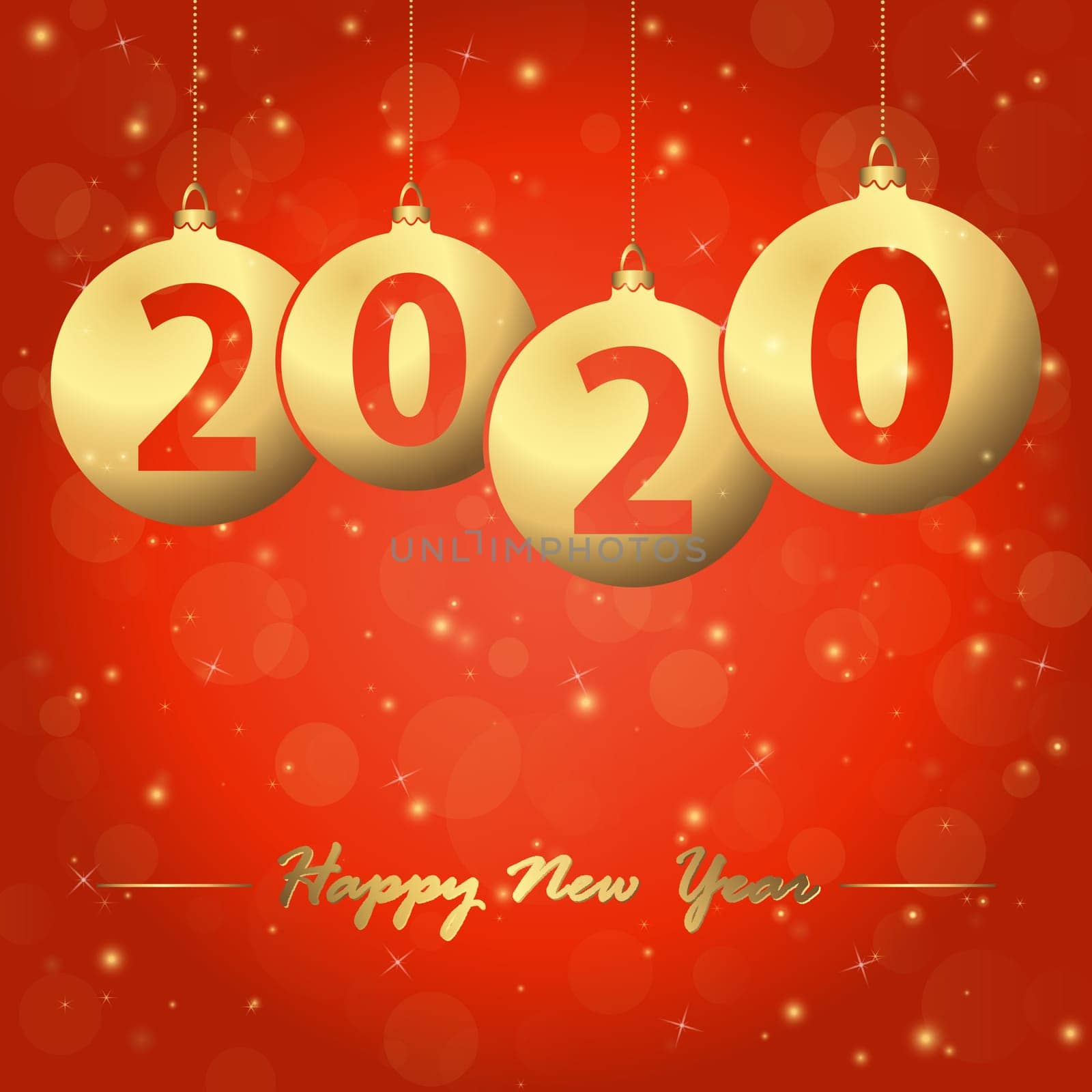 red background with golden christmas bubbles and text 2020 for the new year