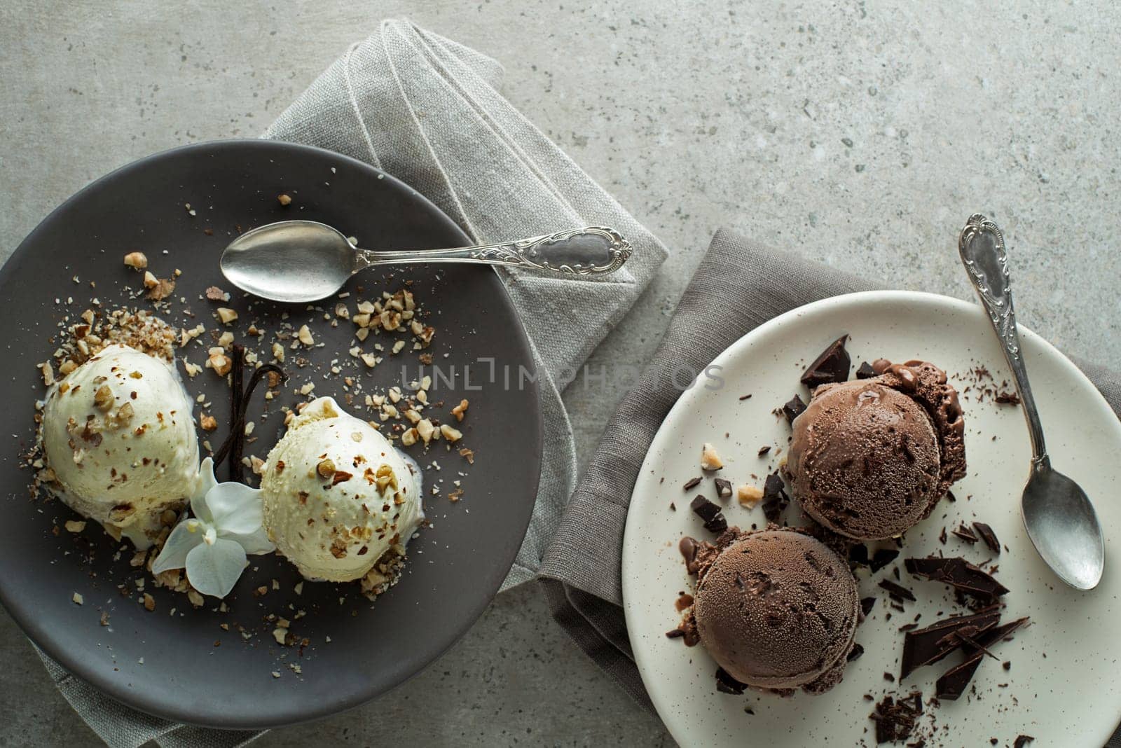 Homemade Organic chocolate and vanilla Ice Cream in a plate close up