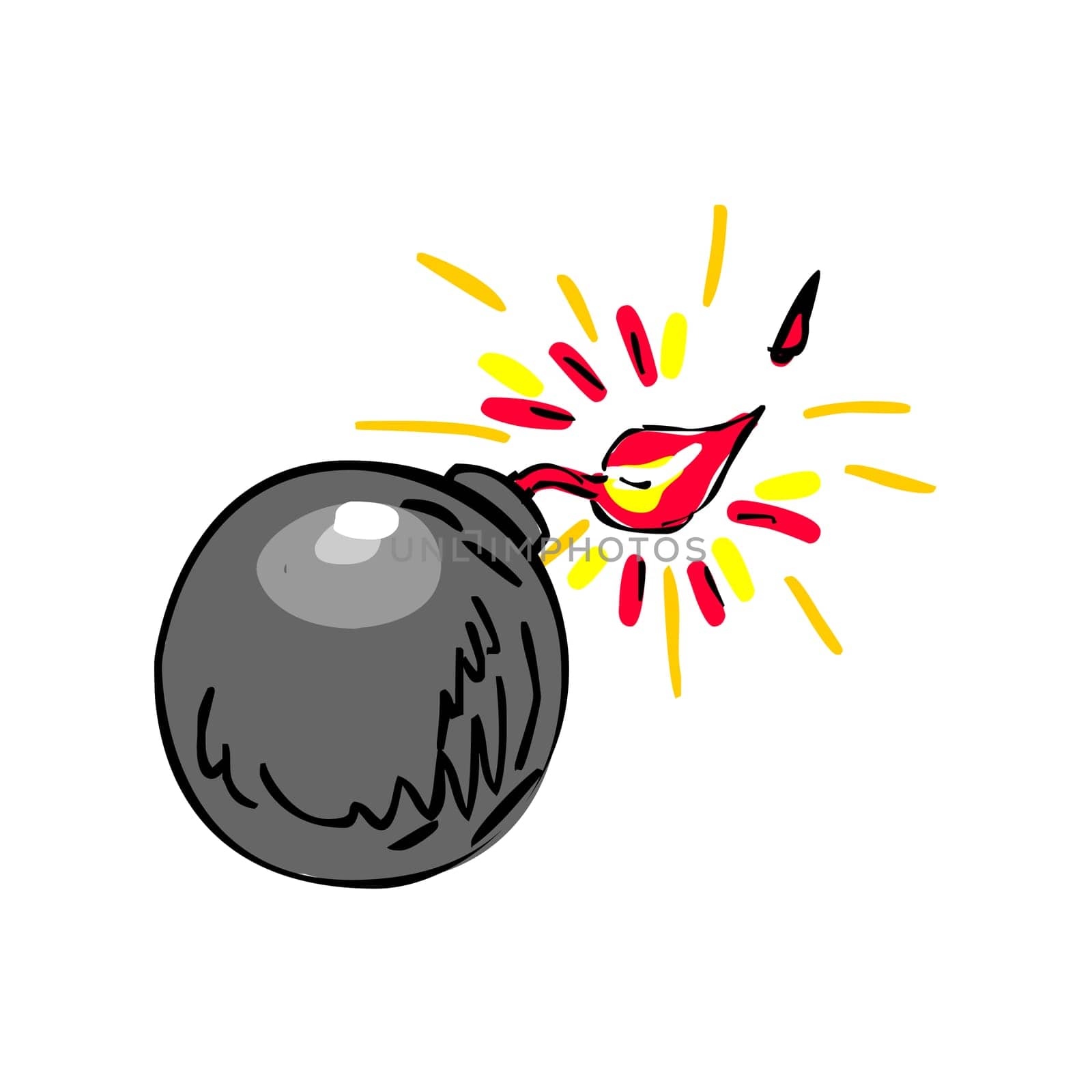 Drawing sketch style illustration of a black ball bomb with burning fuse being thrown and about to explode on isolated white background.
