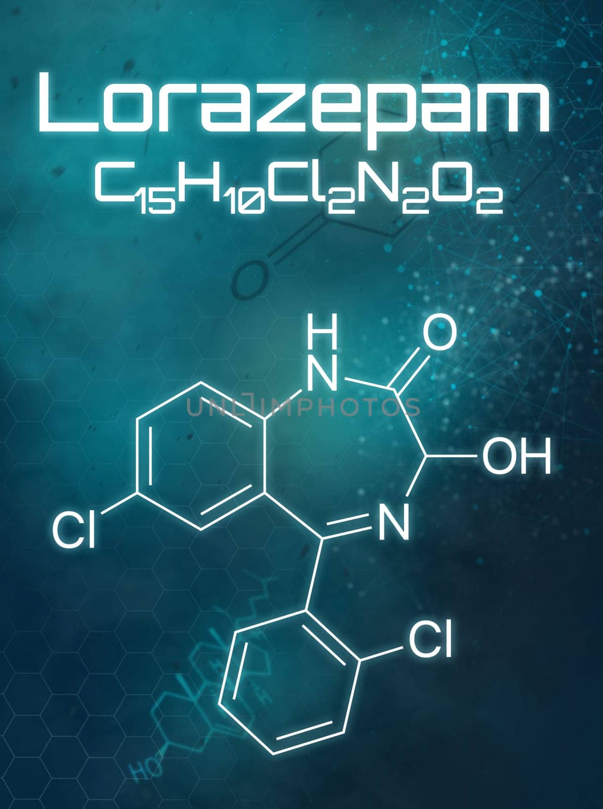 Chemical formula of Lorazepam on a futuristic background