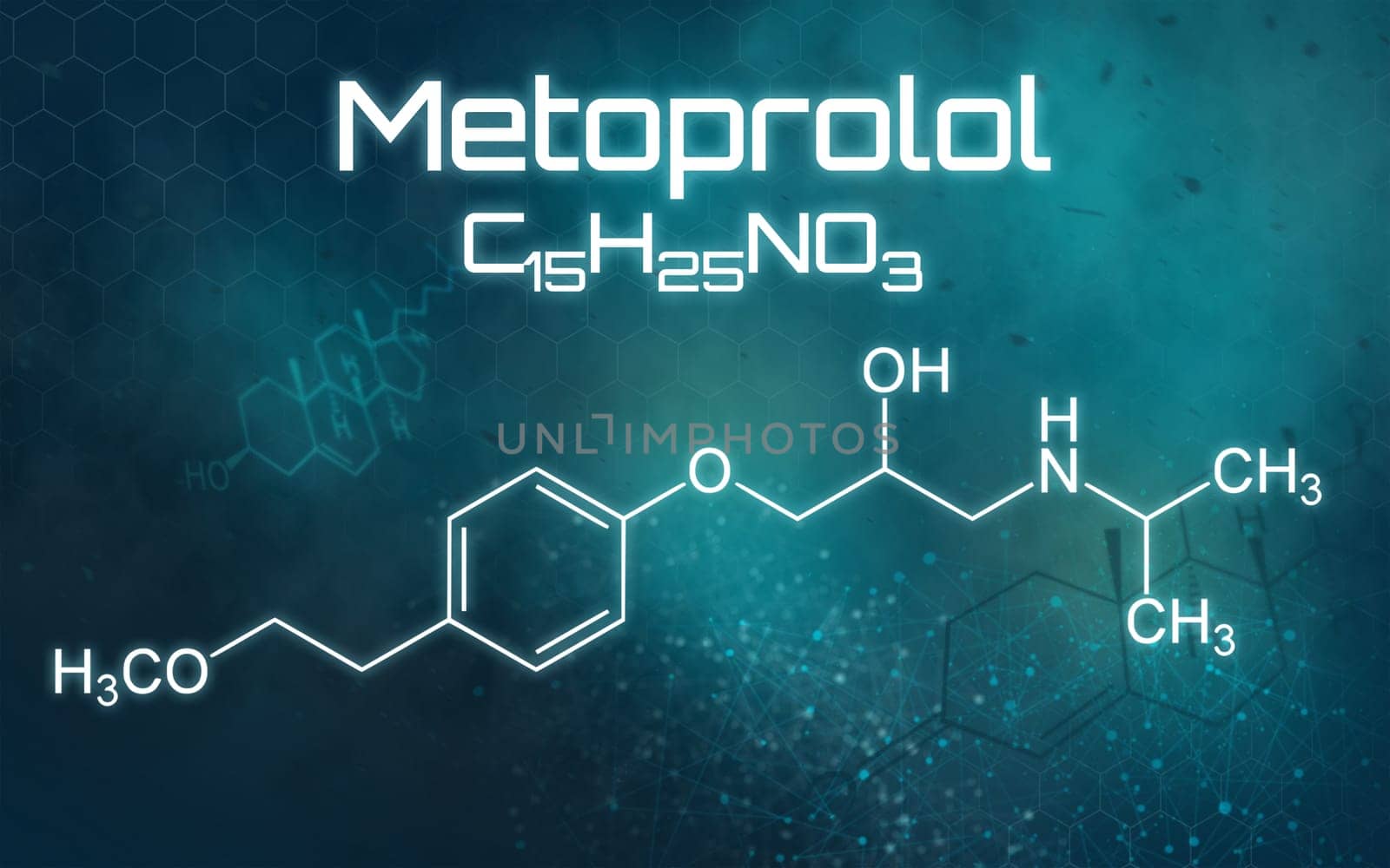 Chemical formula of Metoprolol on a futuristic background