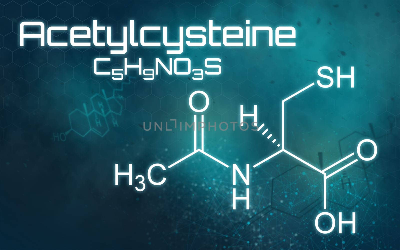 Chemical formula of Acetylcysteine on a futuristic background