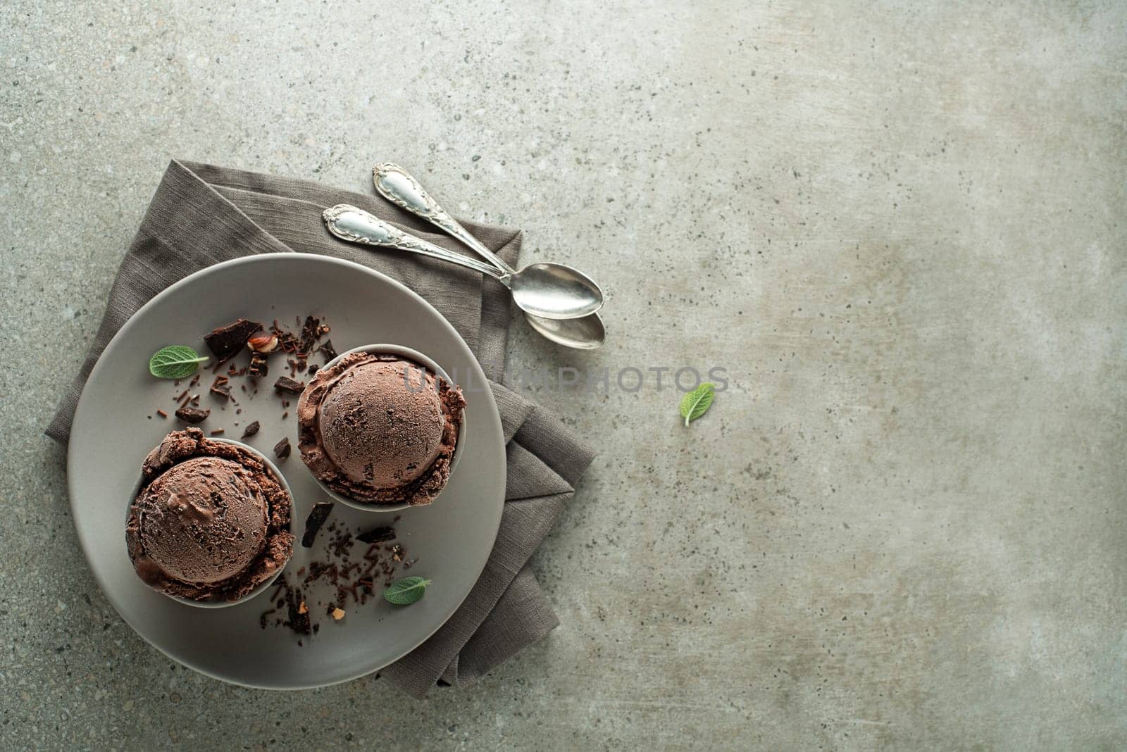 Homemade Organic chocolate  Ice Cream scoops in a plate close up