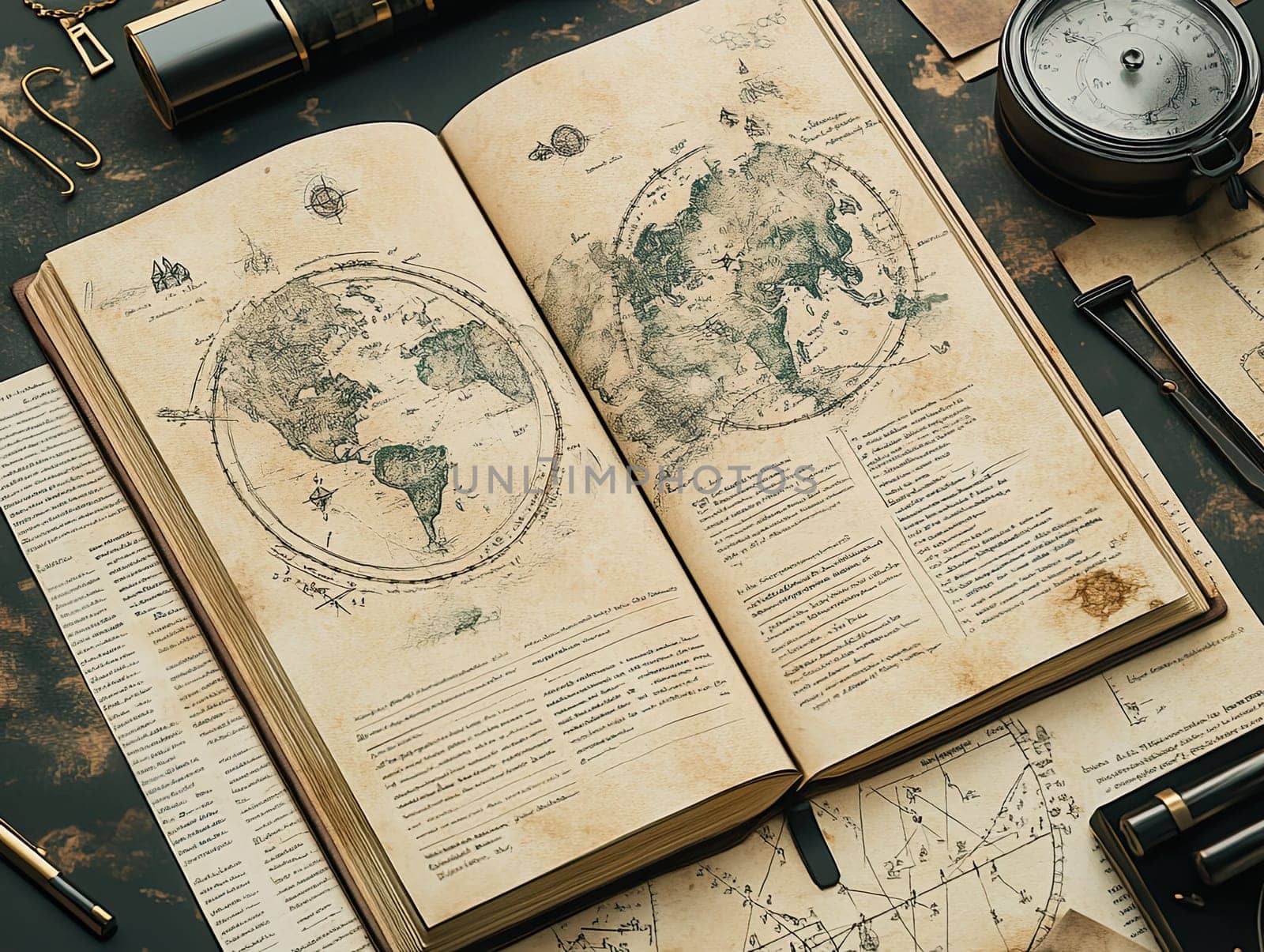 An aged geographical journal features maps of the world with annotations, demonstrating historical cartography and exploration. Tools of navigation surround the journal.