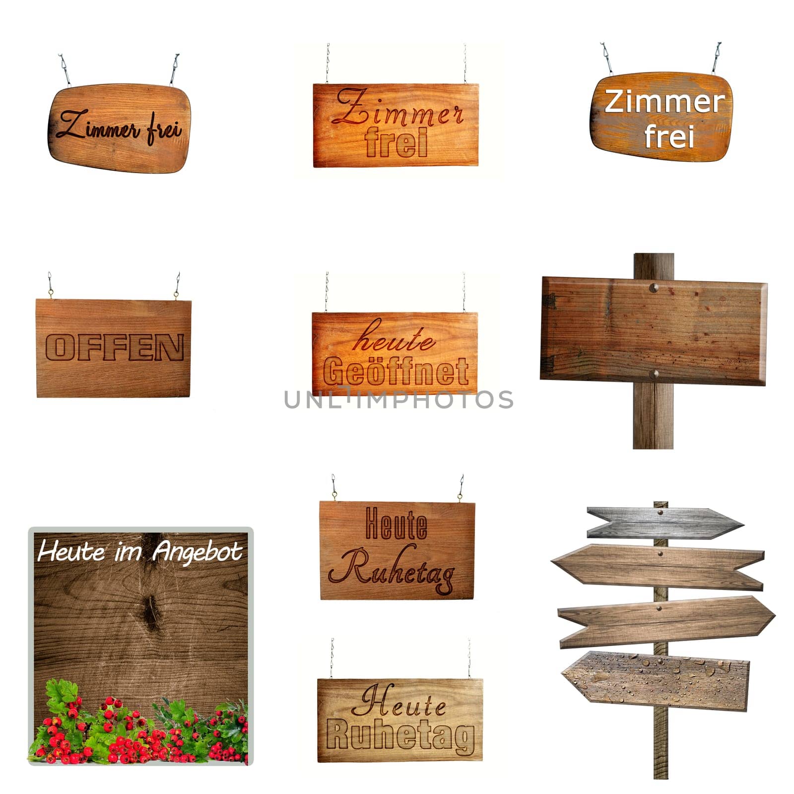 Set of hanging wooden signs on metal chains background