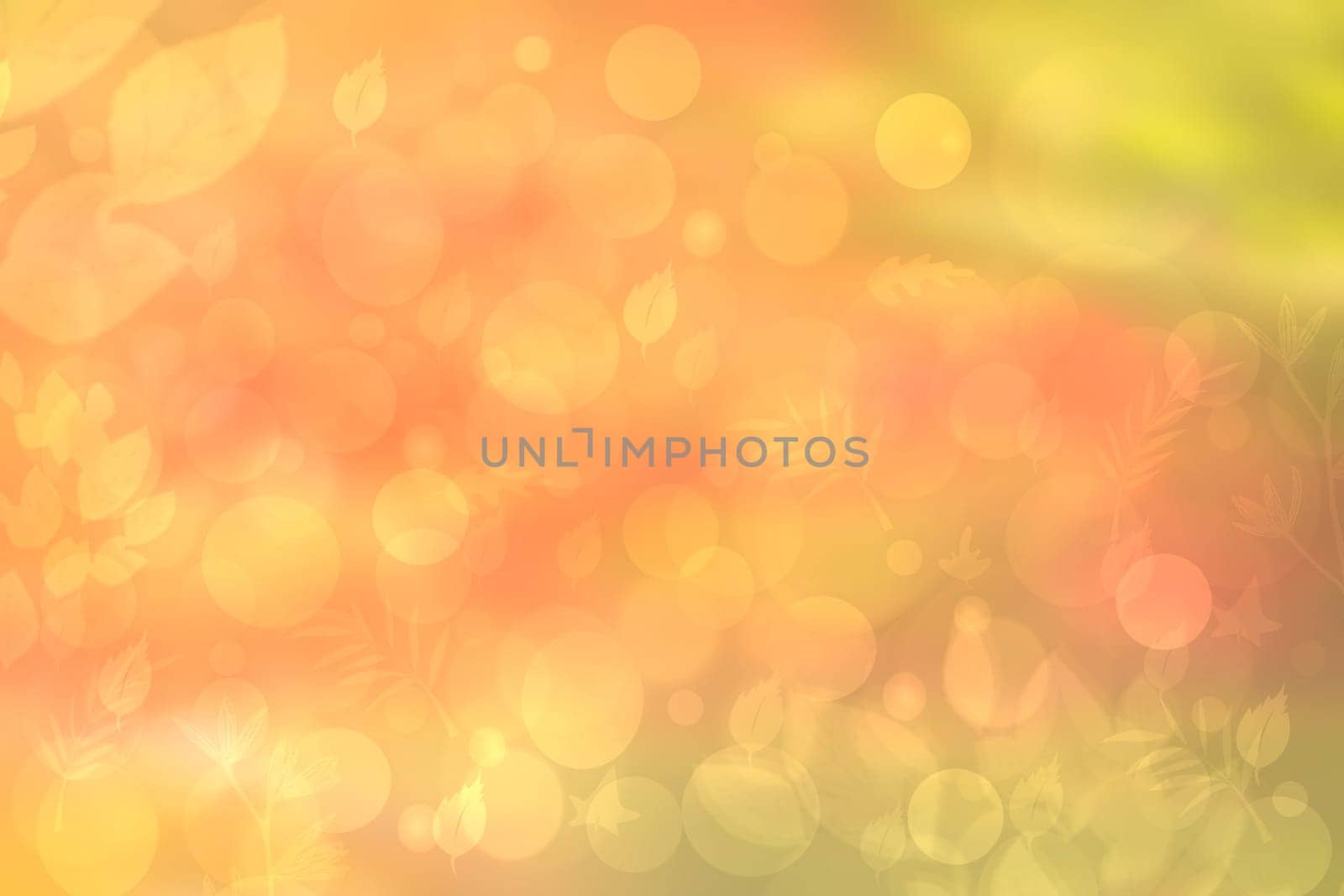 Abstract autumn gradient gold yellow pink green bright background texture with leaves and bokeh circles. Indian summer. Card design with space. Beautiful backdrop.