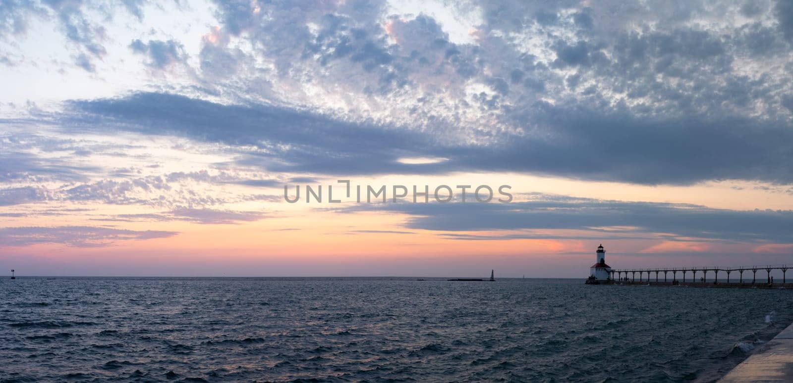 The Michigan City Breakwater Lighthouse, in the State of Indiana USA, as seen at Sunset