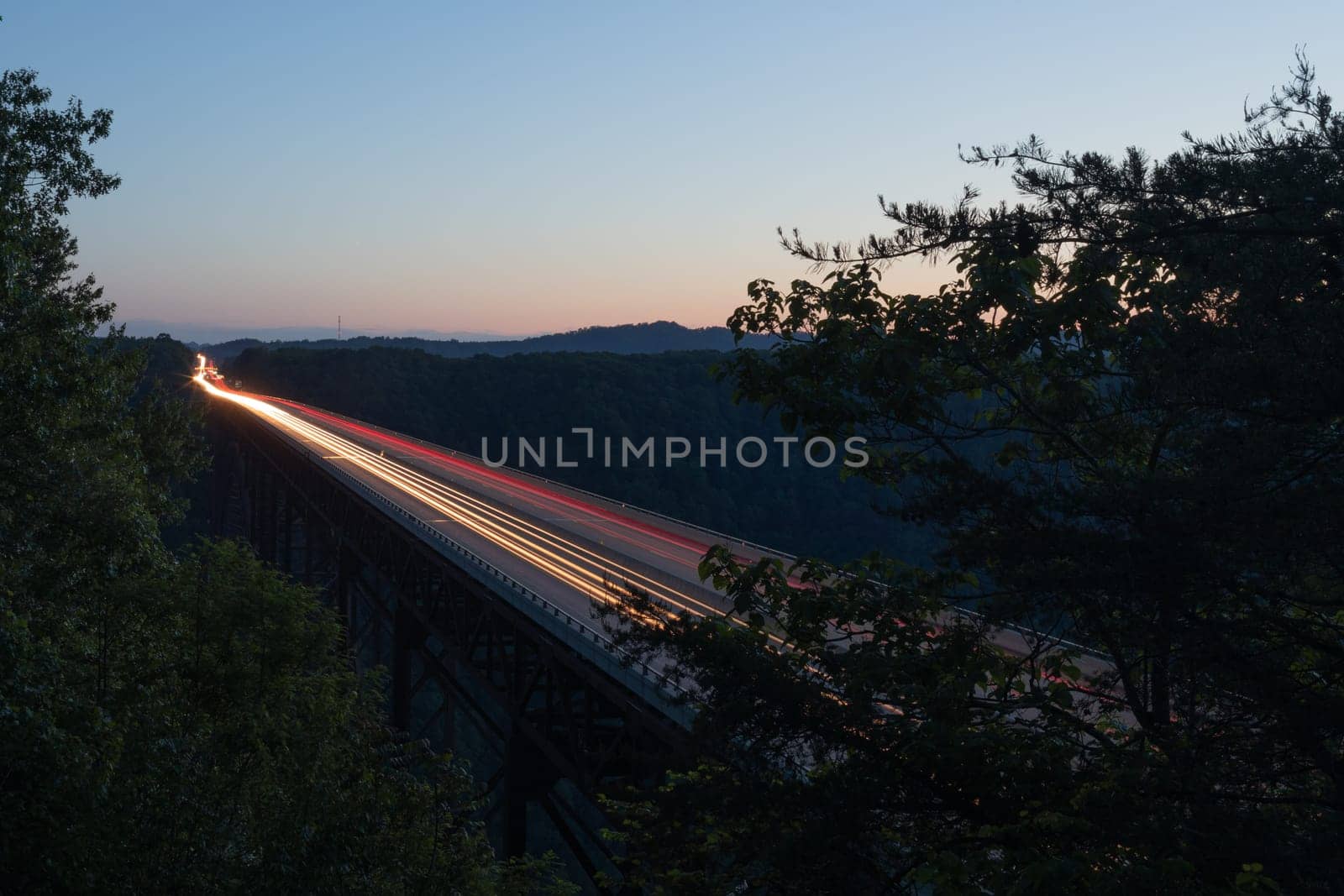 The New River Gorge Bridge at dusk, located at Victor, West Virginia, United States Of America