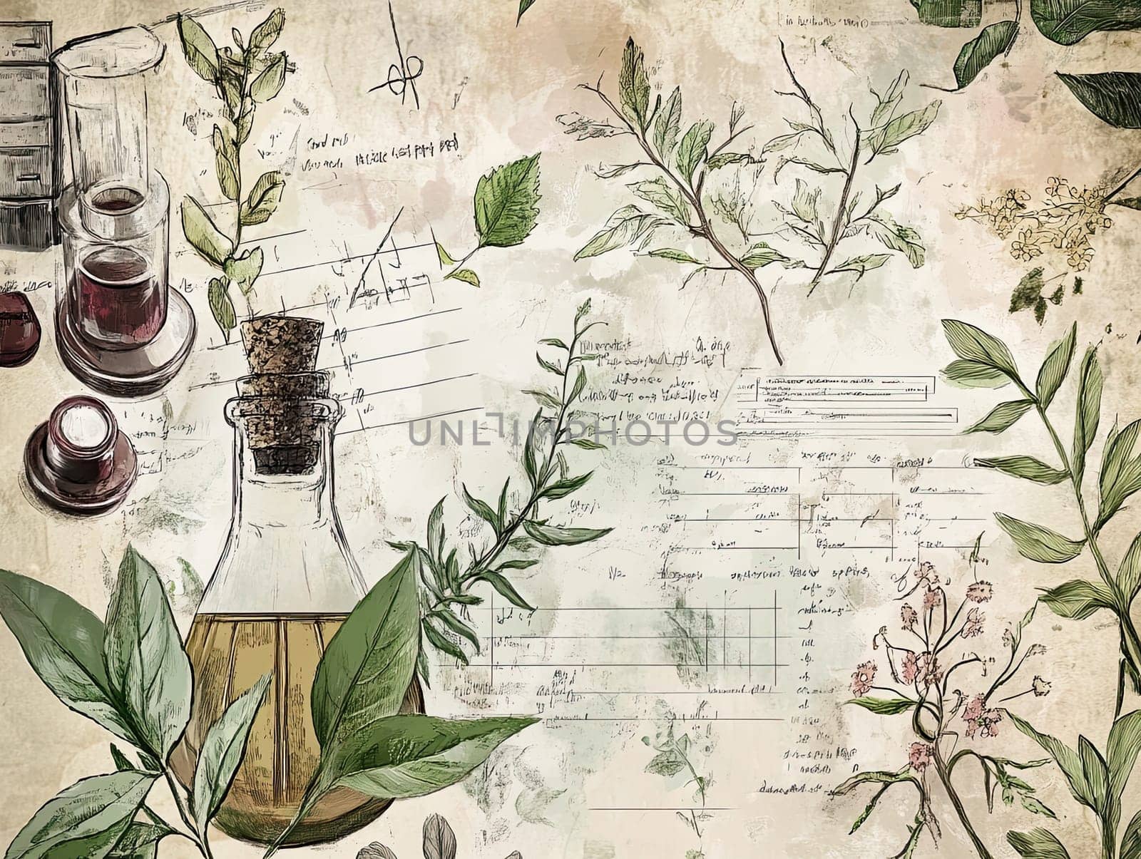 An intricate design features vintage botanical illustrations of various herbs alongside handwritten scientific notes and glassware.