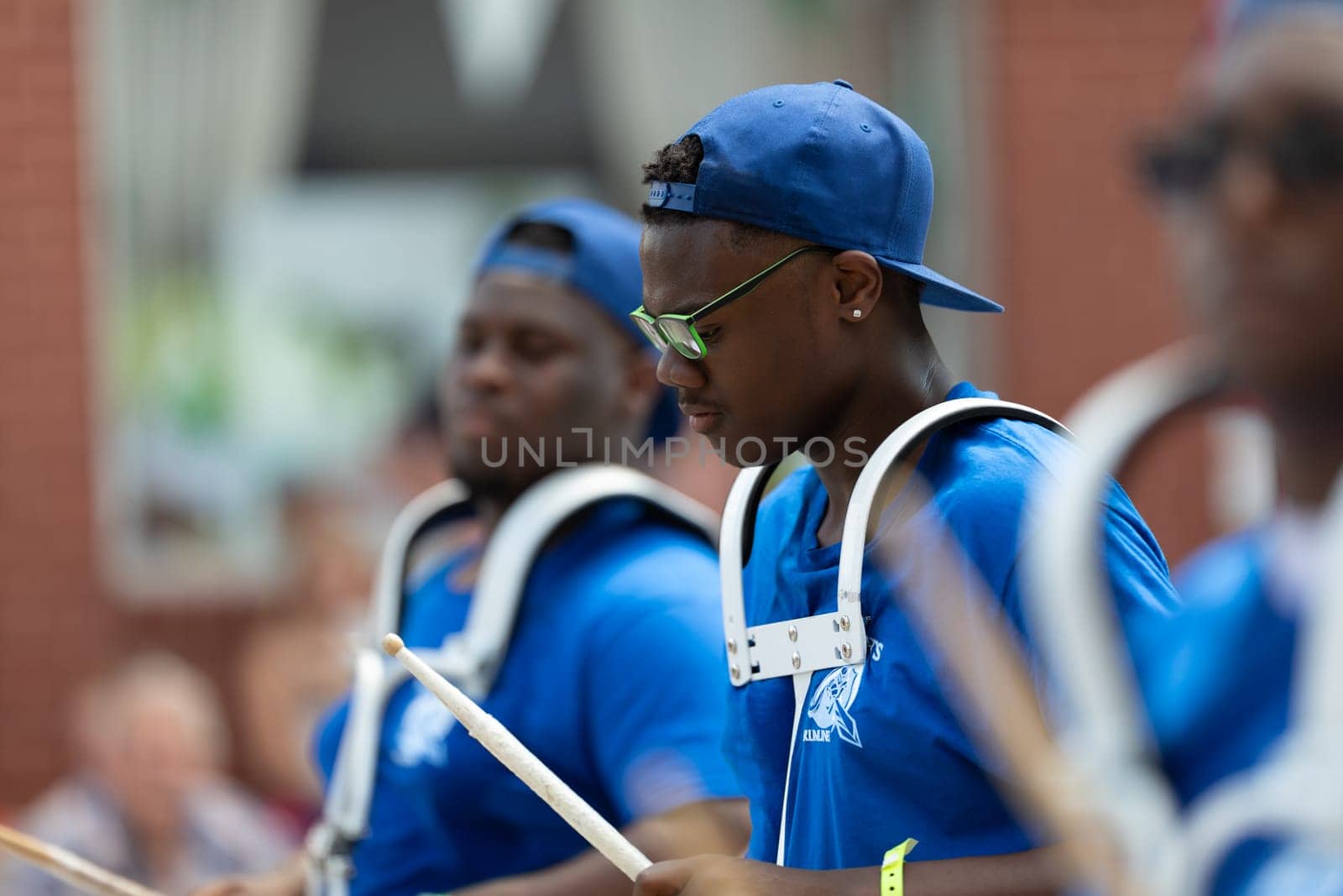 Buckhannon, West Virginia, USA - May 18, 2019: Strawberry Festival, Members of the Bonnie Brae Knights Marching Band performing at the parade