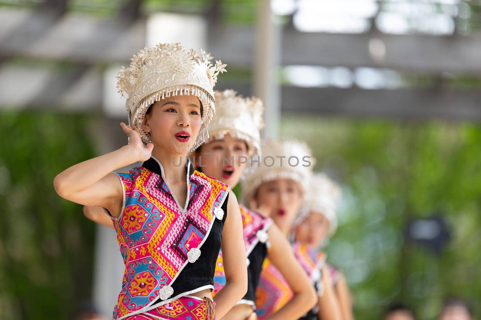 Columbus, Ohio, USA - May 26, 2019: Columbus Asian Festival, Franklin Park, Chinese Dancers wearing traditional clothing performing traditional dances.