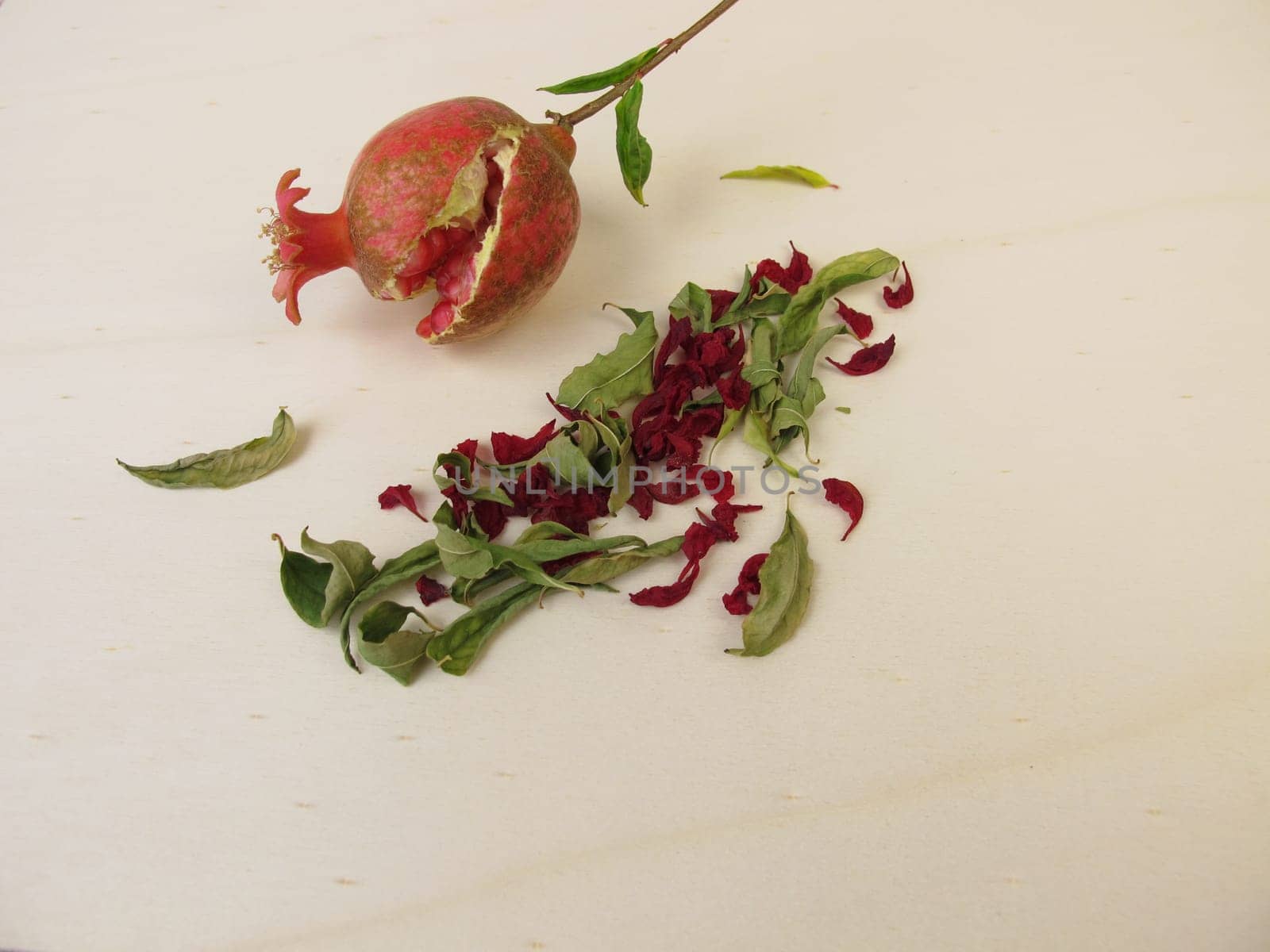 Dried pomegranate leaves, pomegranate flowers and a small pomegranate