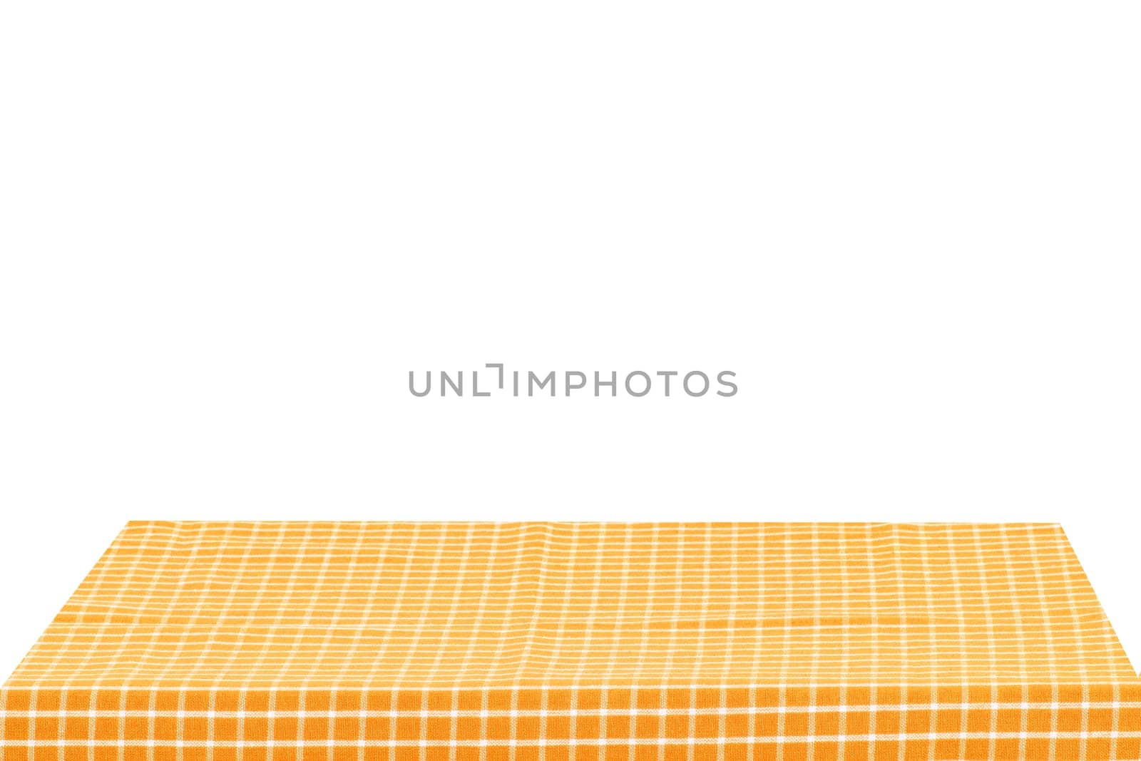 Empty table background. Empty wooden deck table covered with yellow white checkered tablecloth isolated on a white background. Space for your food and product display montage.