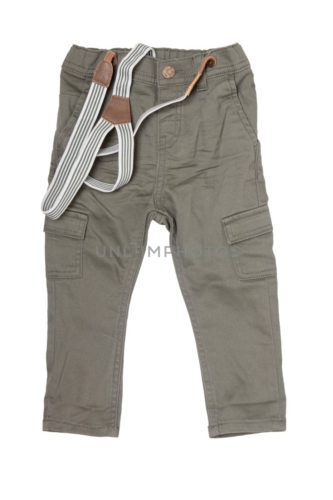 Jeans isolated. Trendy stylish khaki denim pant or trousers for child boy with striped suspenders isolated on a white background. Jeans summer and autumn fashion.