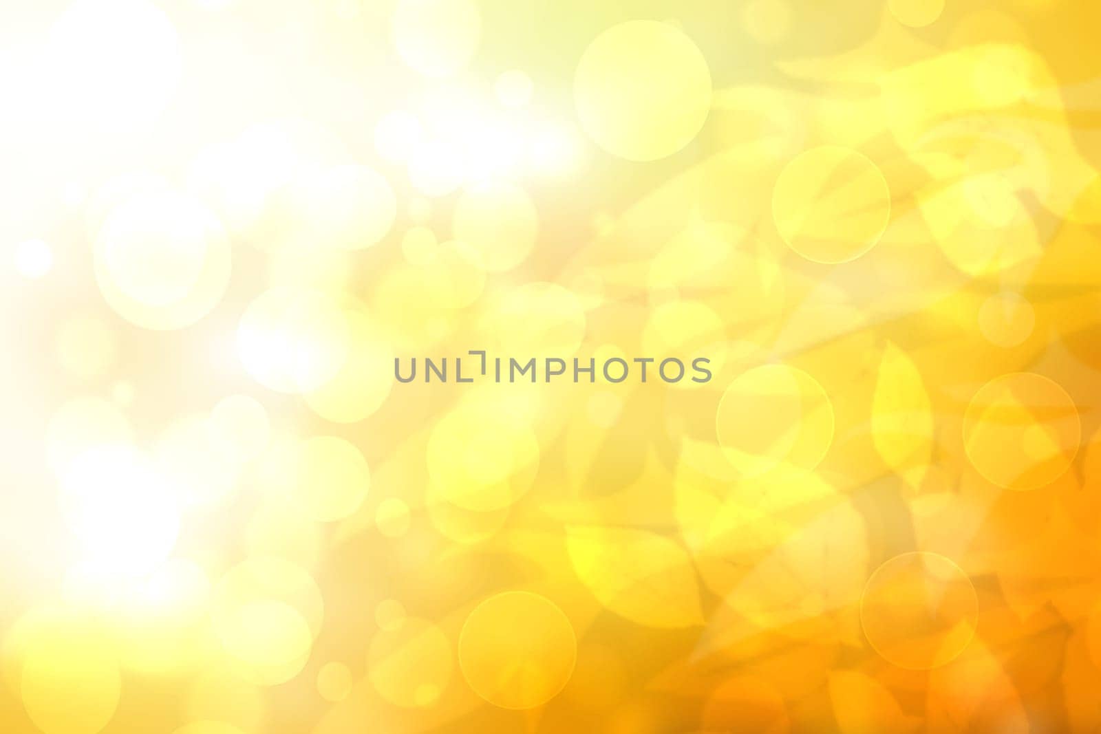 Abstract autumn gradient gold yellow pink bright background texture with leaves and sun lights. Indian summer. Card design with space. Beautiful backdrop.