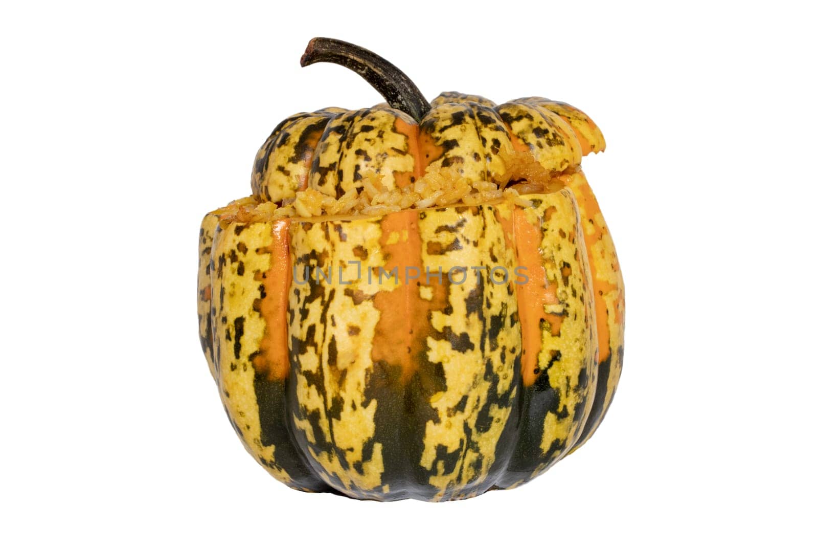 Roasted pumpkin. Close-up of baked whole pumpkin stuffed with roasted rice pot made from rice, onions, carrots, garlic, pumpkin and beef isolated on a white background.