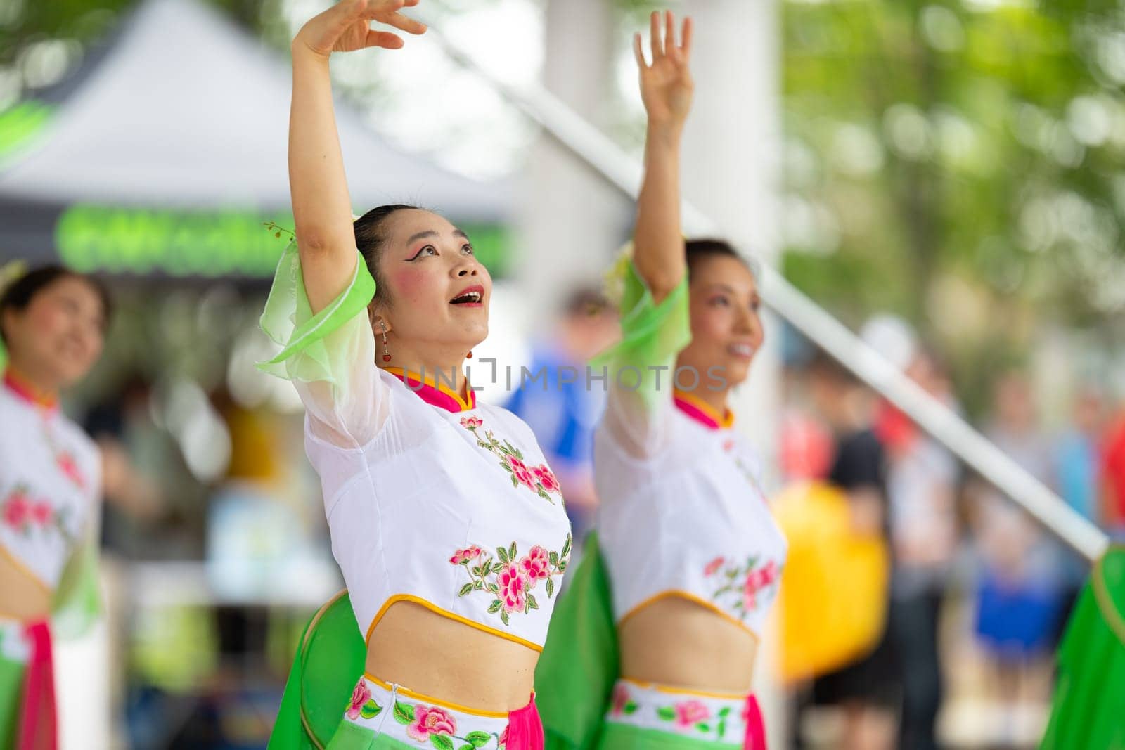 Columbus, Ohio, USA - May 26, 2019: Columbus Asian Festival, Franklin Park, Chinese Dancers wearing traditional chinese clothing, performing a display of chinese traditional dancing