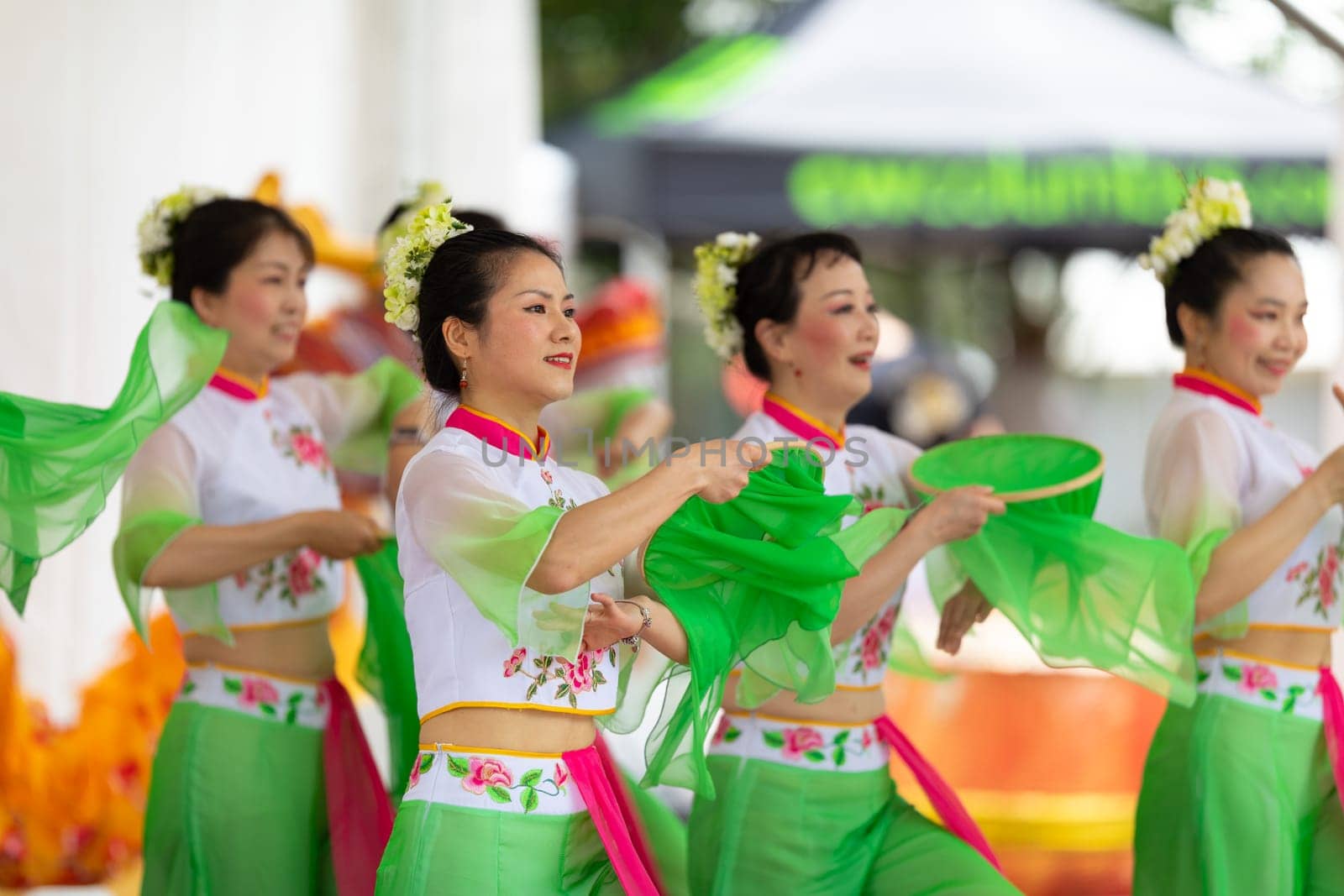 Columbus, Ohio, USA - May 26, 2019: Columbus Asian Festival, Franklin Park, Chinese Dancers wearing traditional chinese clothing, performing a display of chinese traditional dancing