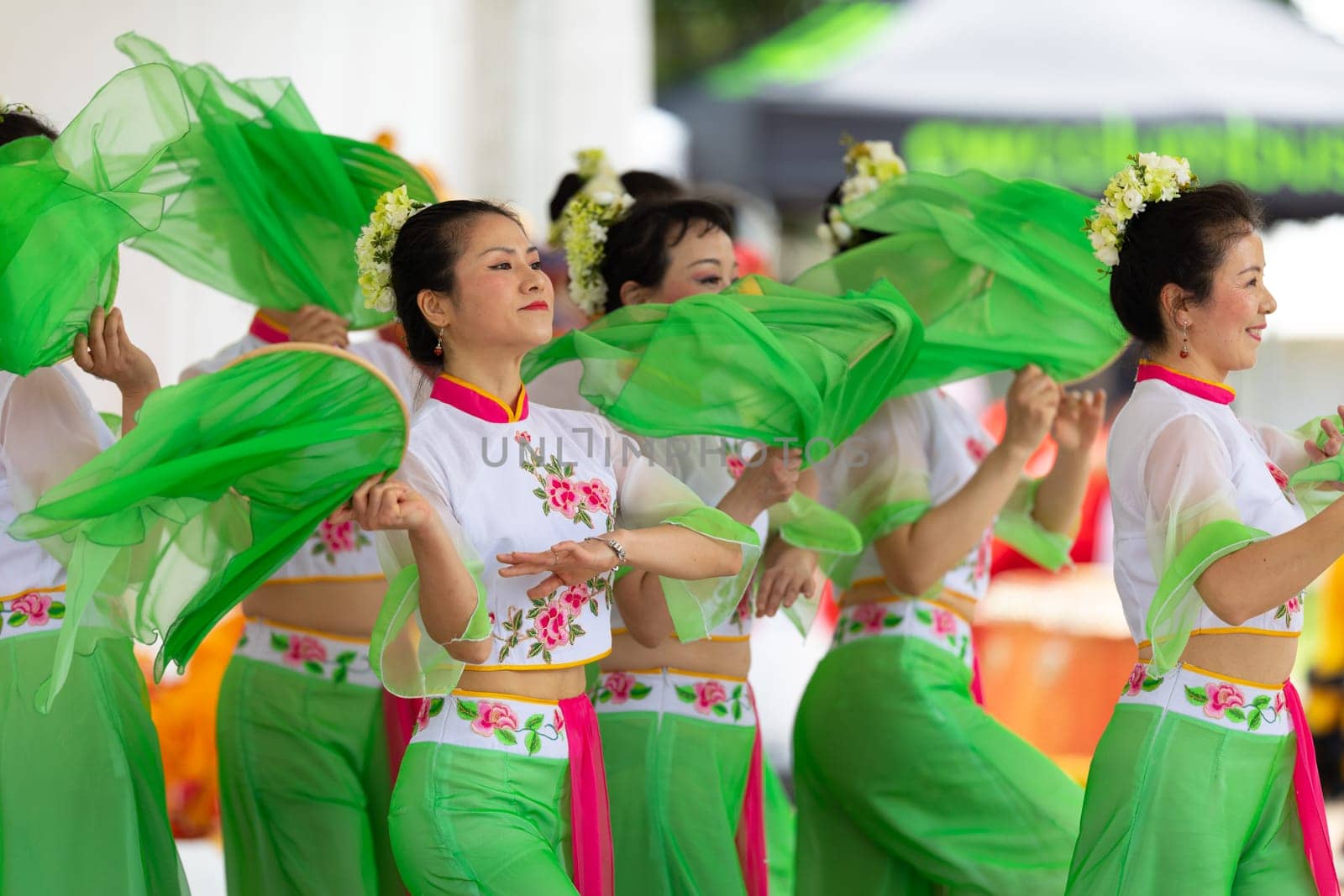 Columbus, Ohio, USA - May 26, 2019: Columbus Asian Festival, Franklin Park, Chinese Dancers wearing traditional chinese clothing, performing a display of chinese traditional dancing