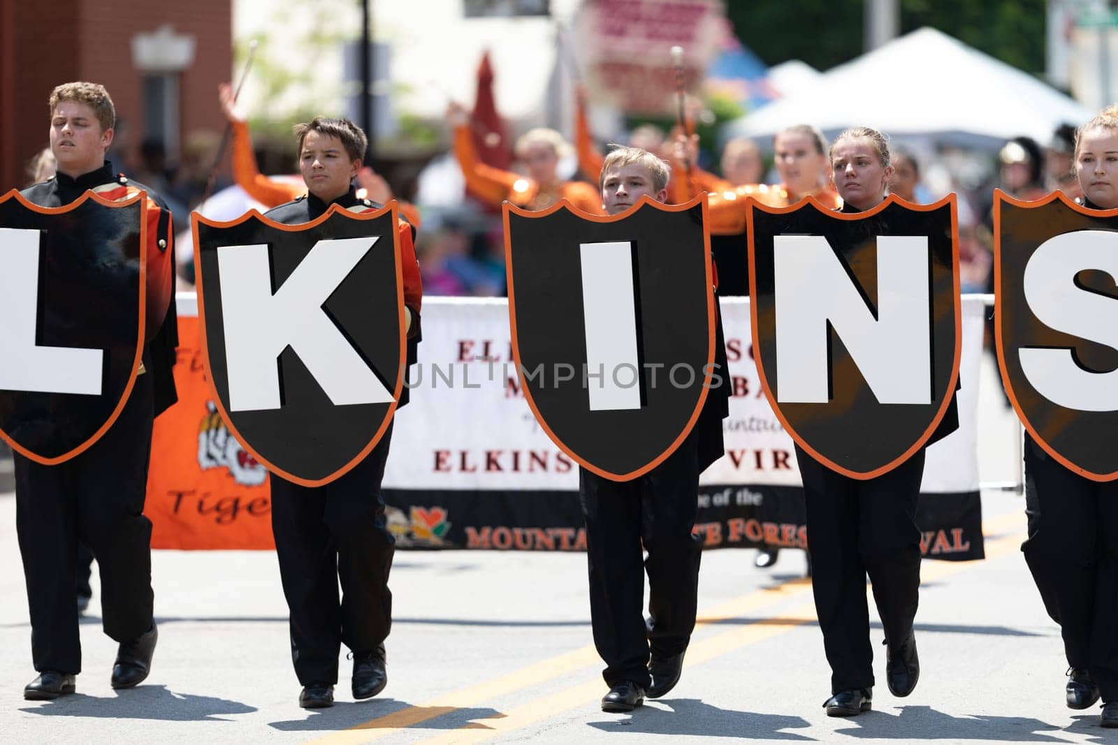 Buckhannon, West Virginia, USA - May 18, 2019: Strawberry Festival, The Elkins High School Marching Band performing at the parade