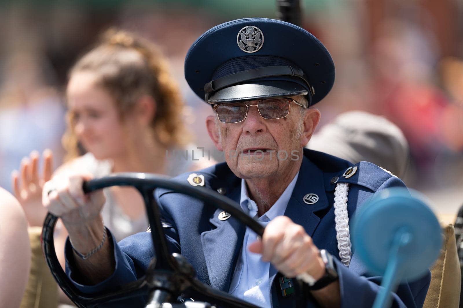 Buckhannon, West Virginia, USA - May 18, 2019: Strawberry Festival, Military veterans of the United States being driven on jeeps during the parade