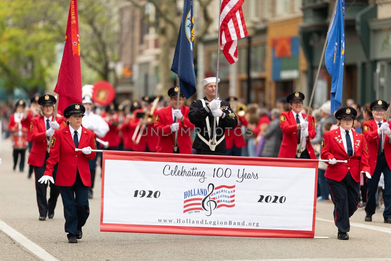 Holland, Michigan, USA - May 11, 2019: Tulip Time Parade, Members of the American Legion Band performing during the parade