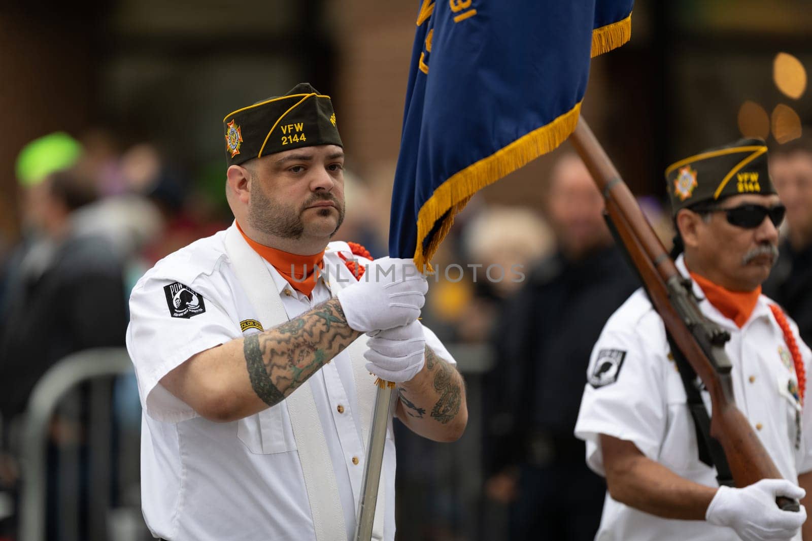 Holland, Michigan, USA - May 11, 2019: Tulip Time Parade, Members of Veterans of Foreign Wars, marching down the street during the parade
