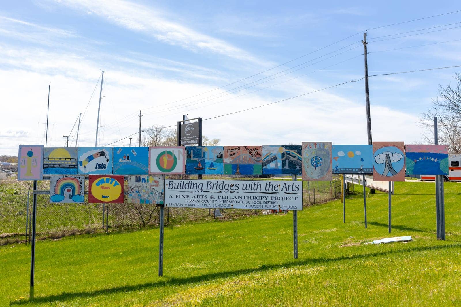 St. Joseph, Michigan, USA - May 4, 2019: Artwork Display at the city limits of Benton and St Joseph, promoting good relationship between sister cities