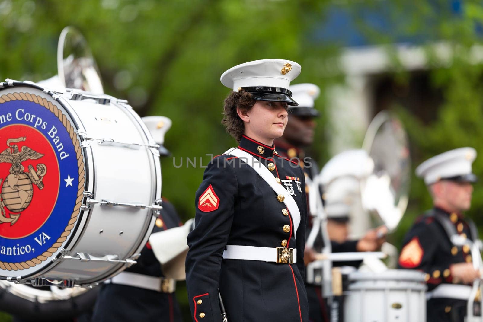 Louisville, Kentucky, USA - May 2, 2019: The Pegasus Parade, Members of the U.S. Marine Corps Band, performing at the parade
