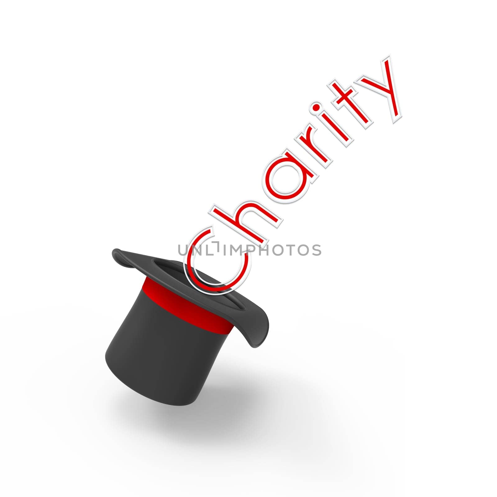 Three-dimensional illusionist's top hat on white background with pop-up caption 'Charity'. Concept of campaign, institution, organization or fund established to help the needy.