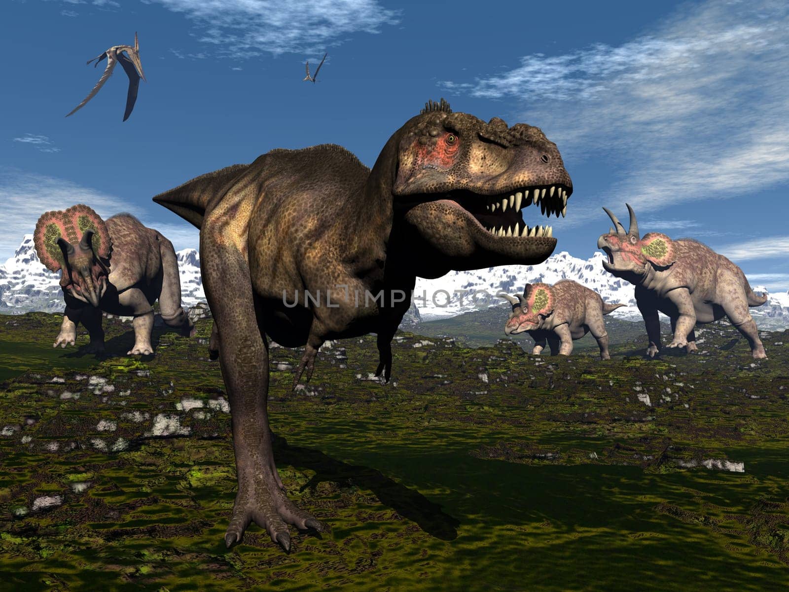 Tyrannosaurus rex attacked by three triceratops dinosaurs in the mountain - 3D render