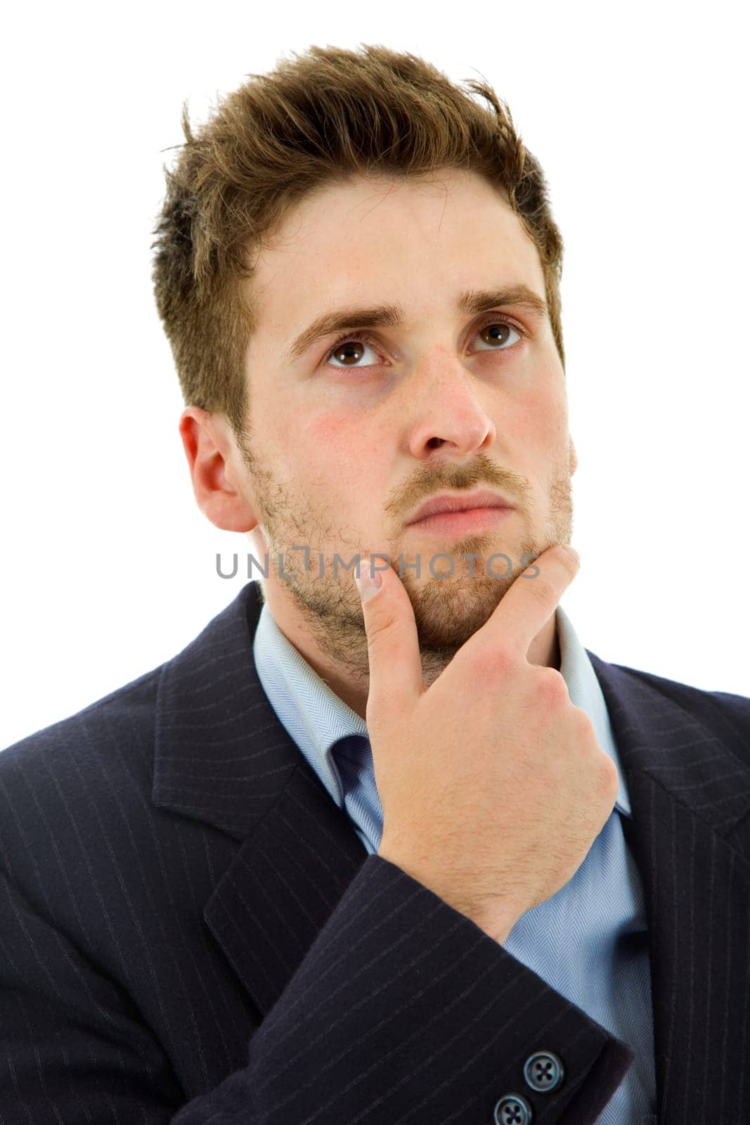 studio picture of a pensive young man, isolated on white