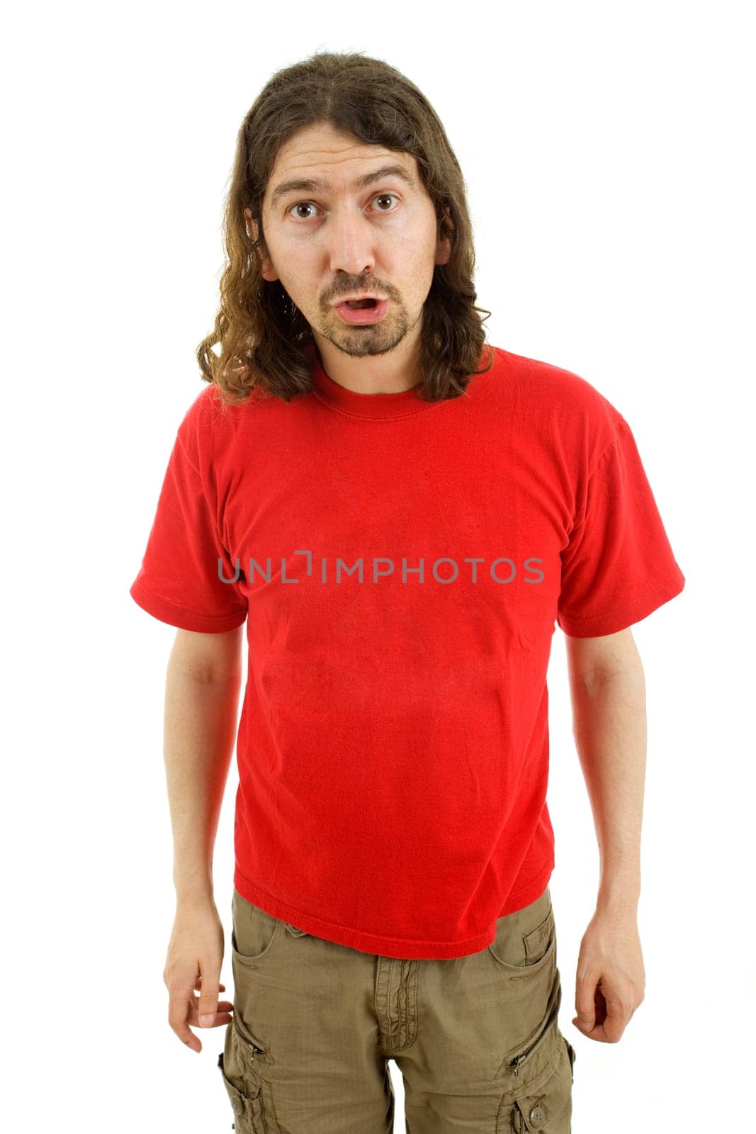 young silly casual man portrait in a white background
