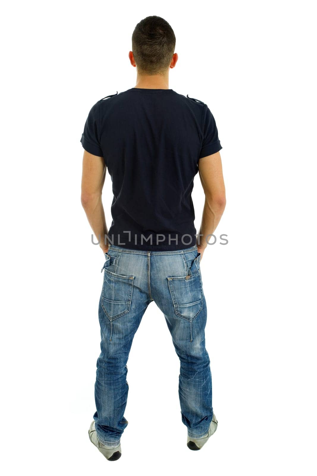 young casual man from the back, full body, isolated