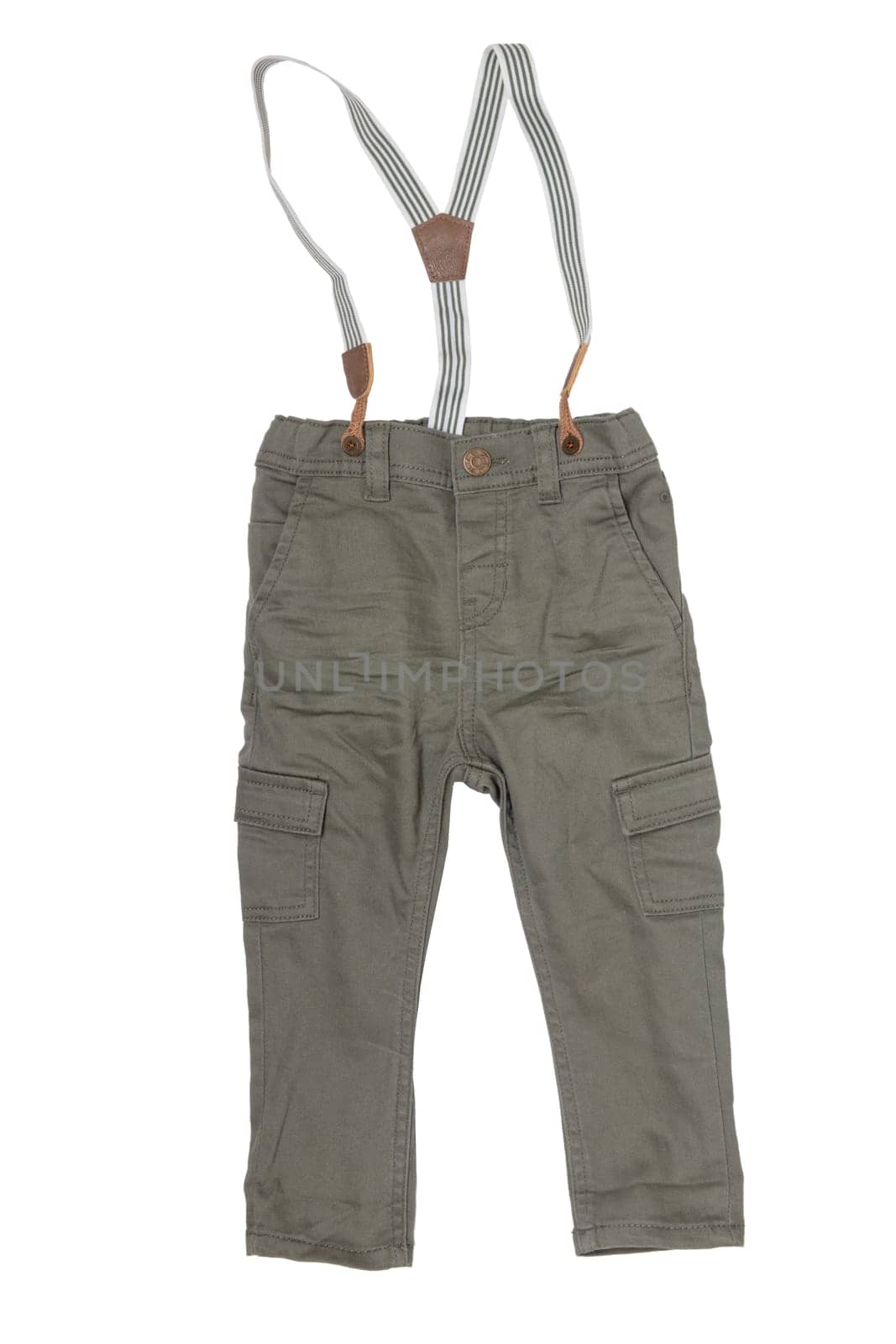 Jeans isolated. Trendy stylish khaki denim pant or trousers for child boy with striped suspenders isolated on a white background. Jeans summer and autumn fashion.