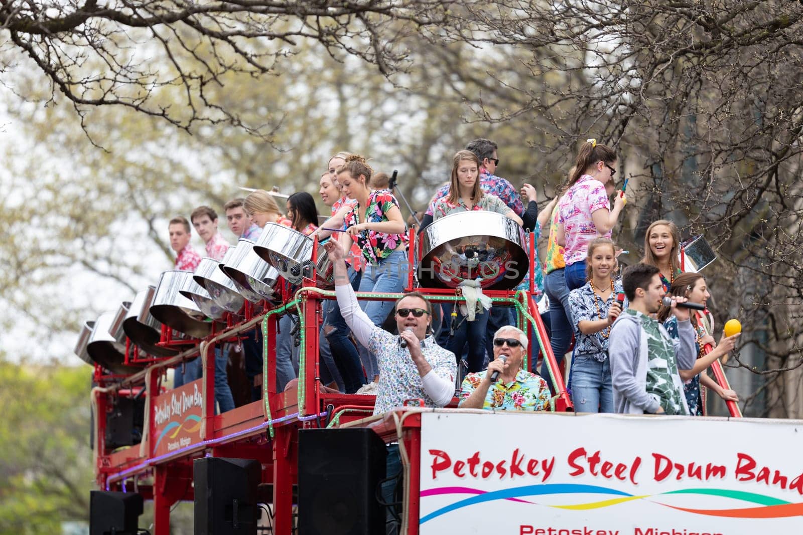 Holland, Michigan, USA - May 11, 2019: Tulip Time Parade, Members of the Petoskey Steel Drum Band, performing during the parade