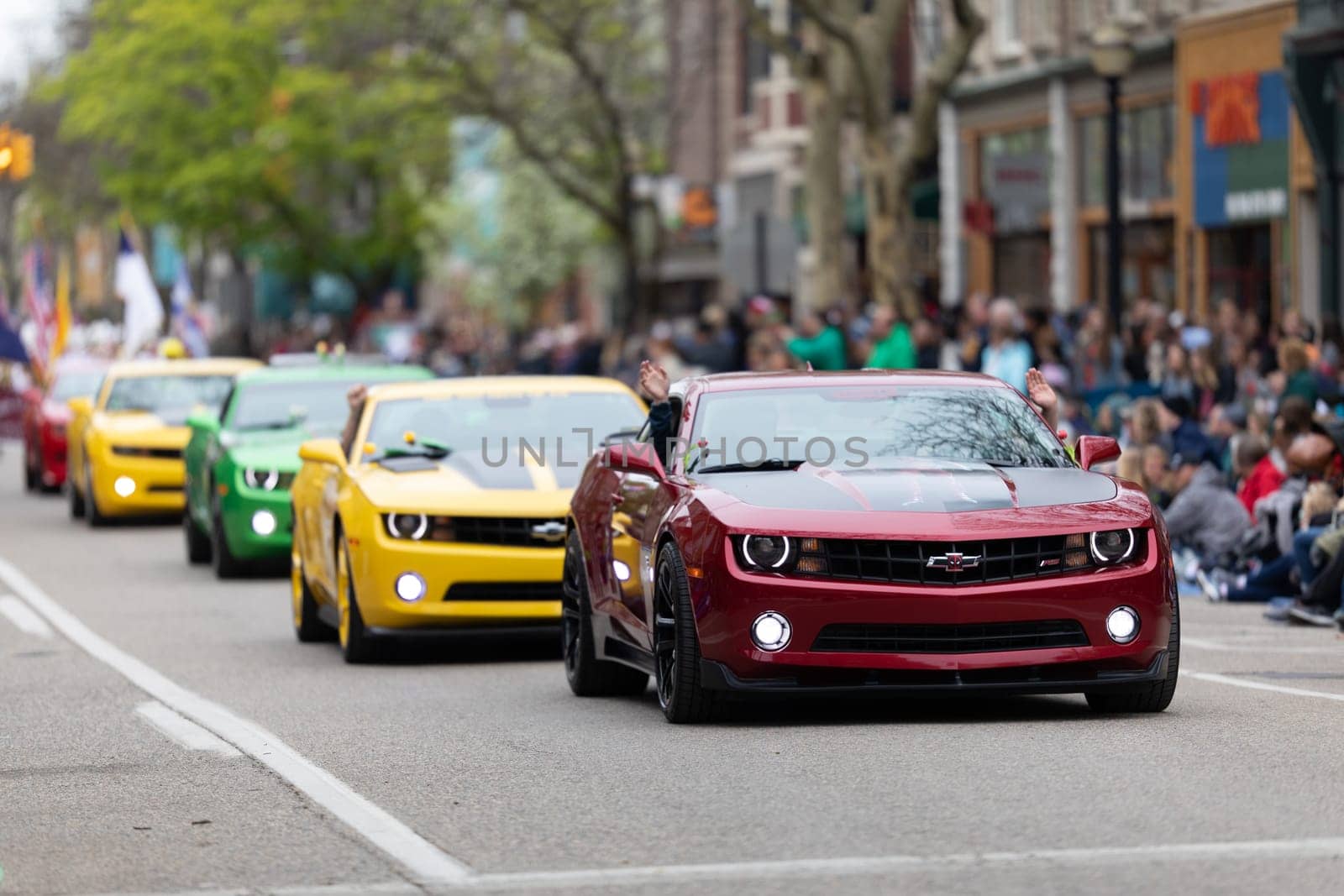 Holland, Michigan, USA - May 11, 2019: Tulip Time Parade, A group of Camaros going down the road during the parade