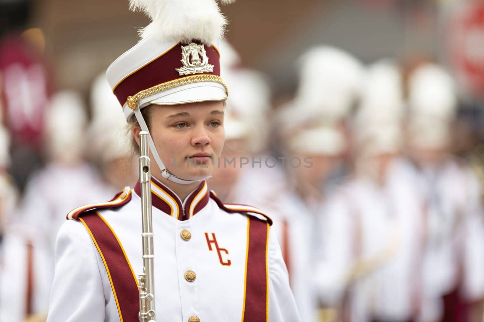 Holland, Michigan, USA - May 11, 2019: Tulip Time Parade, Members of the Holland Christian High School Marching Band, Performing during the parade