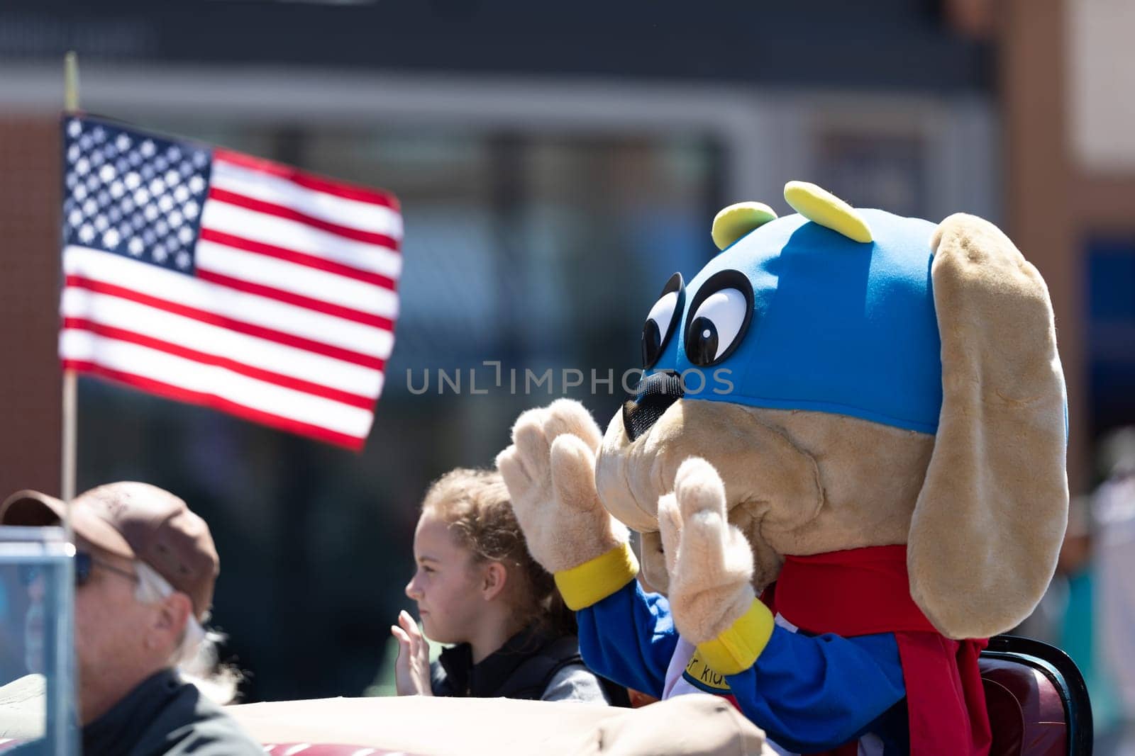 Benton Harbor, Michigan, USA - May 4, 2019: Blossomtime Festival Grand Floral Parade, Classic car carrying the safety Pup during the parade