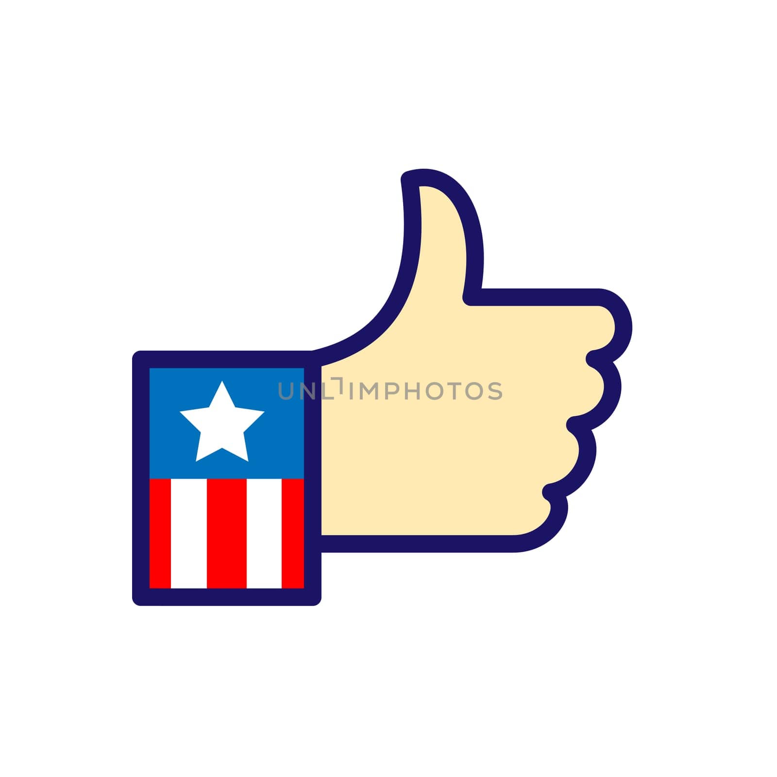 Icon retro style illustration of a hand with USA American stars and stripes flag sleeve with thumbs up or like showing approval on isolated background.