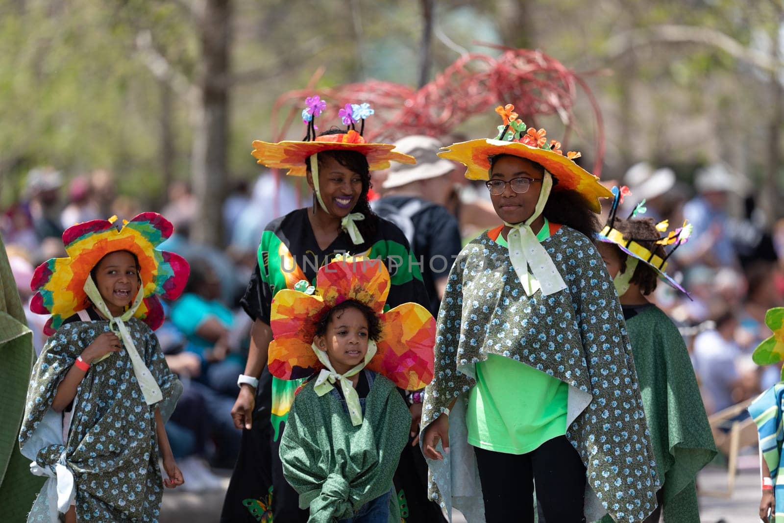 Cleveland, Ohio, USA - June 8, 2019: Parade the Circle, african american women and children dress up as flowers during the parade