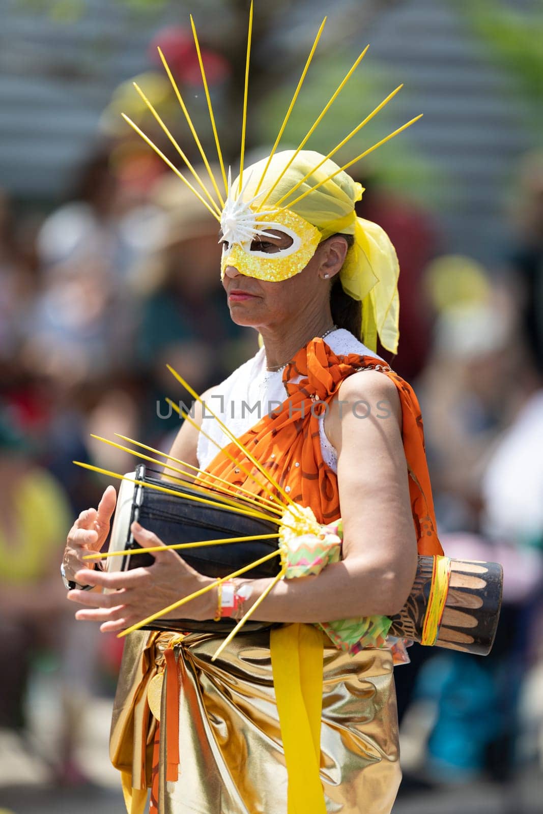 Cleveland, Ohio, USA - June 8, 2019: Parade the Circle, African American woman playing the drums during the parade