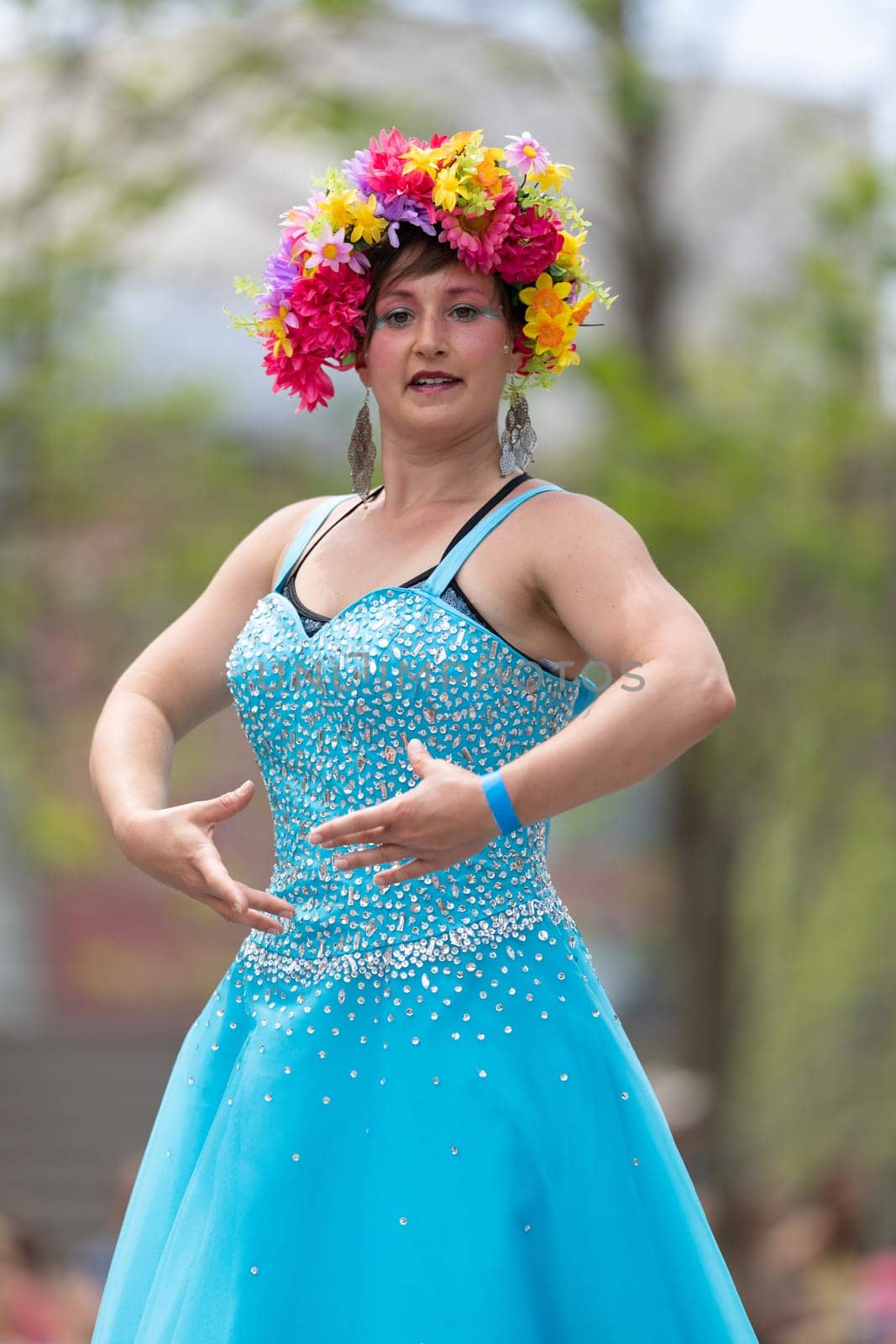 Cleveland, Ohio, USA - June 8, 2019: Parade the Circle, women on stilts dancing during the parade
