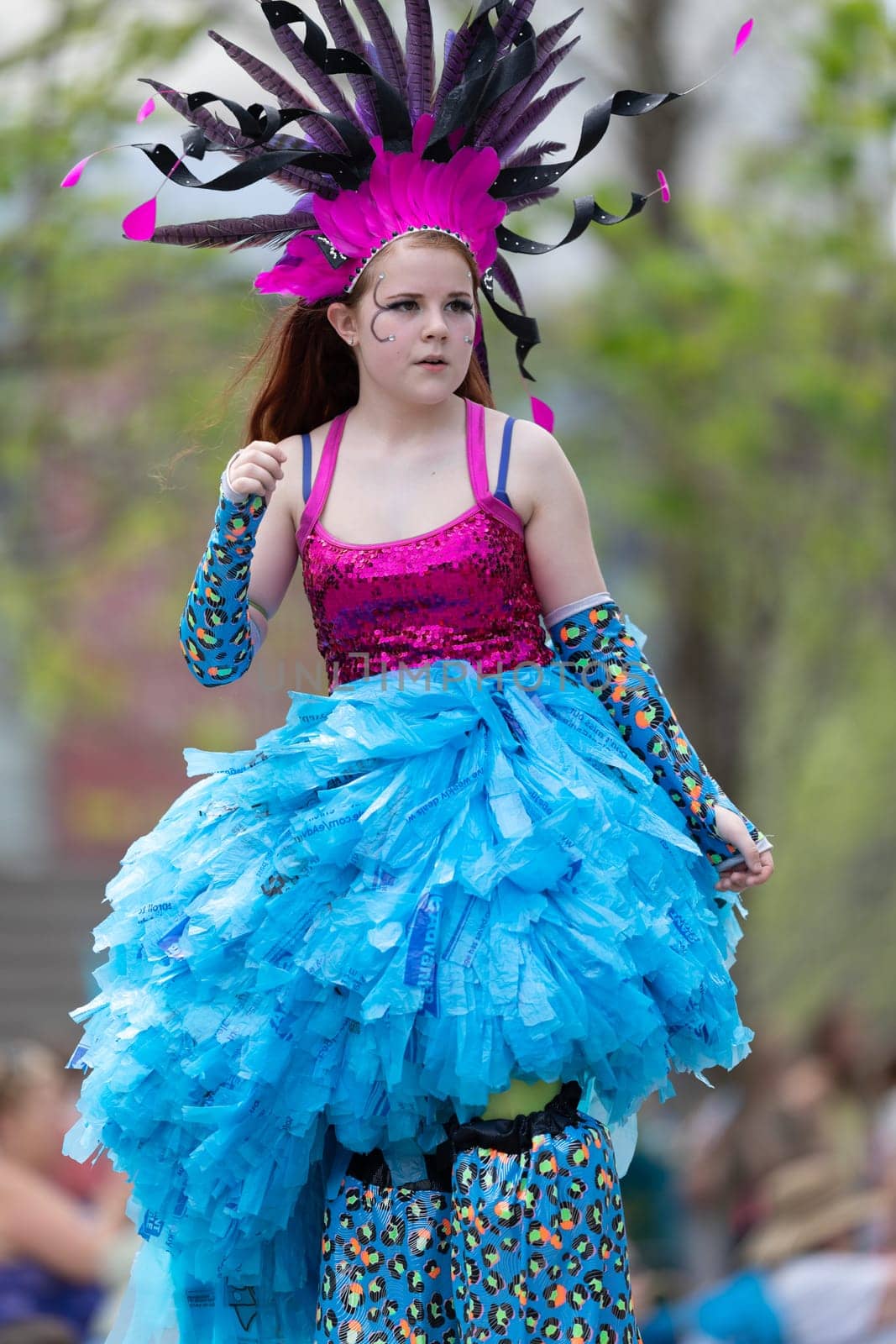 Cleveland, Ohio, USA - June 8, 2019: Parade the Circle, women on stilts dancing during the parade